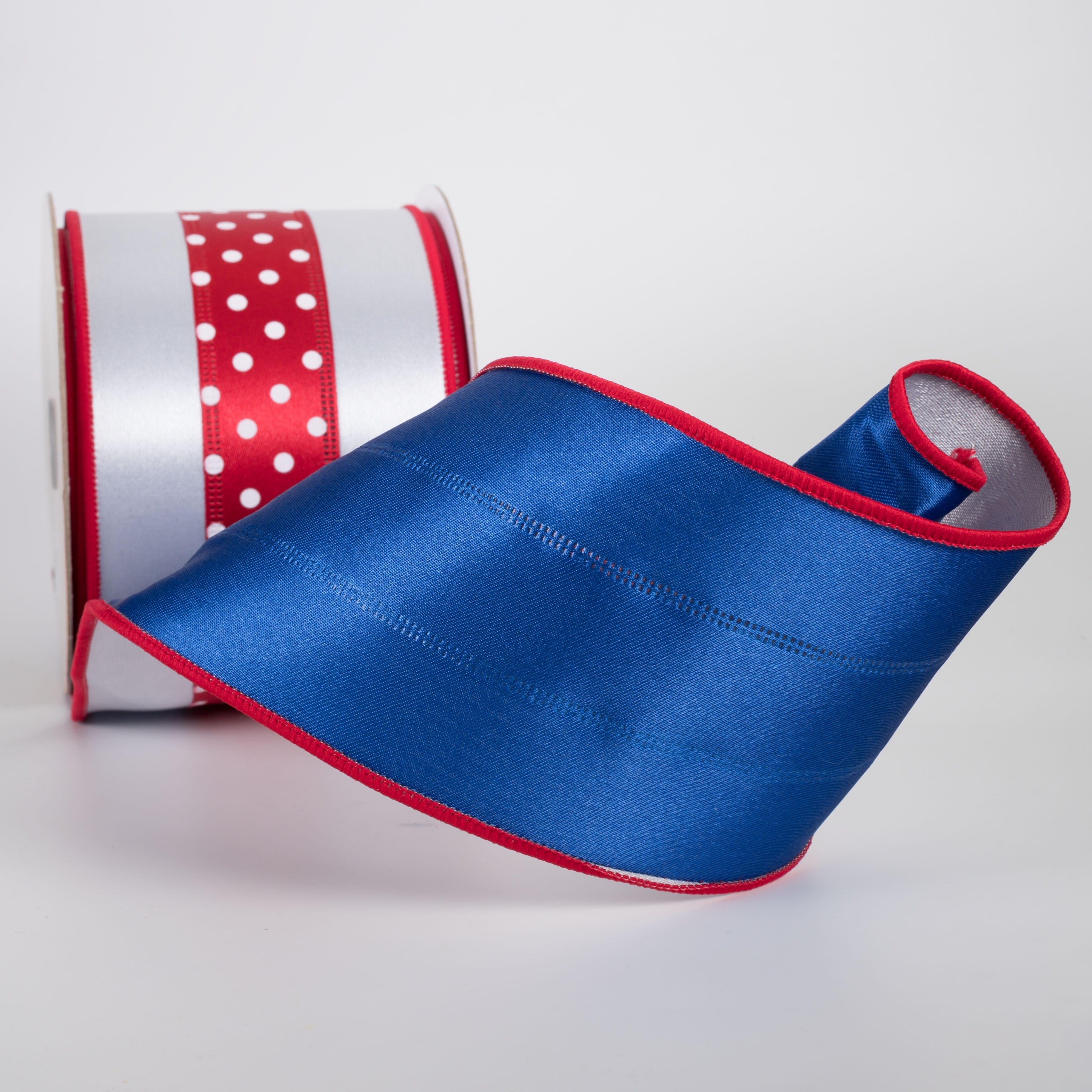 4" Double Sided Fused 3-in-1 Polka Dot Ribbon: Red, White & Blue (10 Yards) detail photo 3