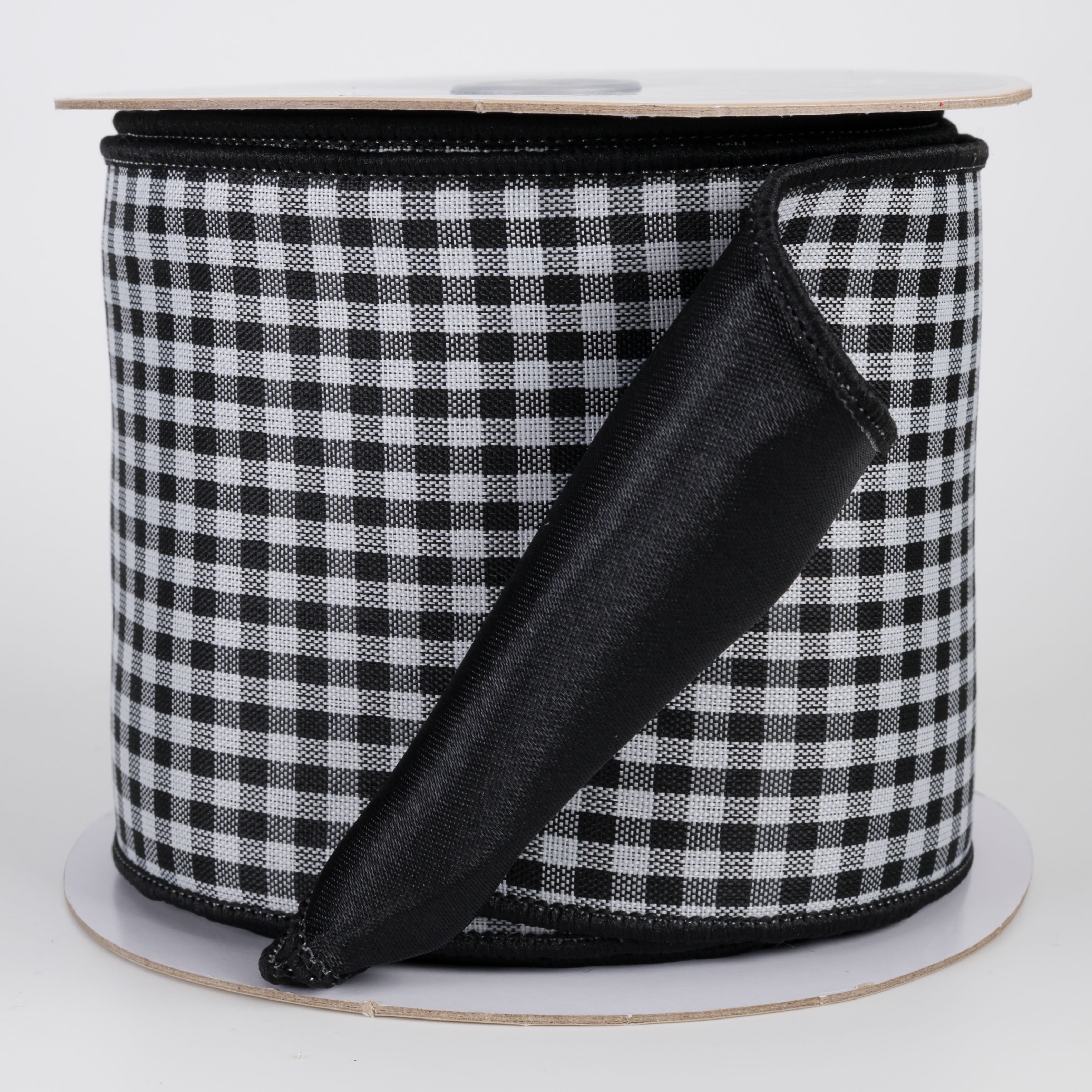 4" Double Sided Fused Check & Satin Ribbon: Black & White (10 Yards) Item Number: LX601902