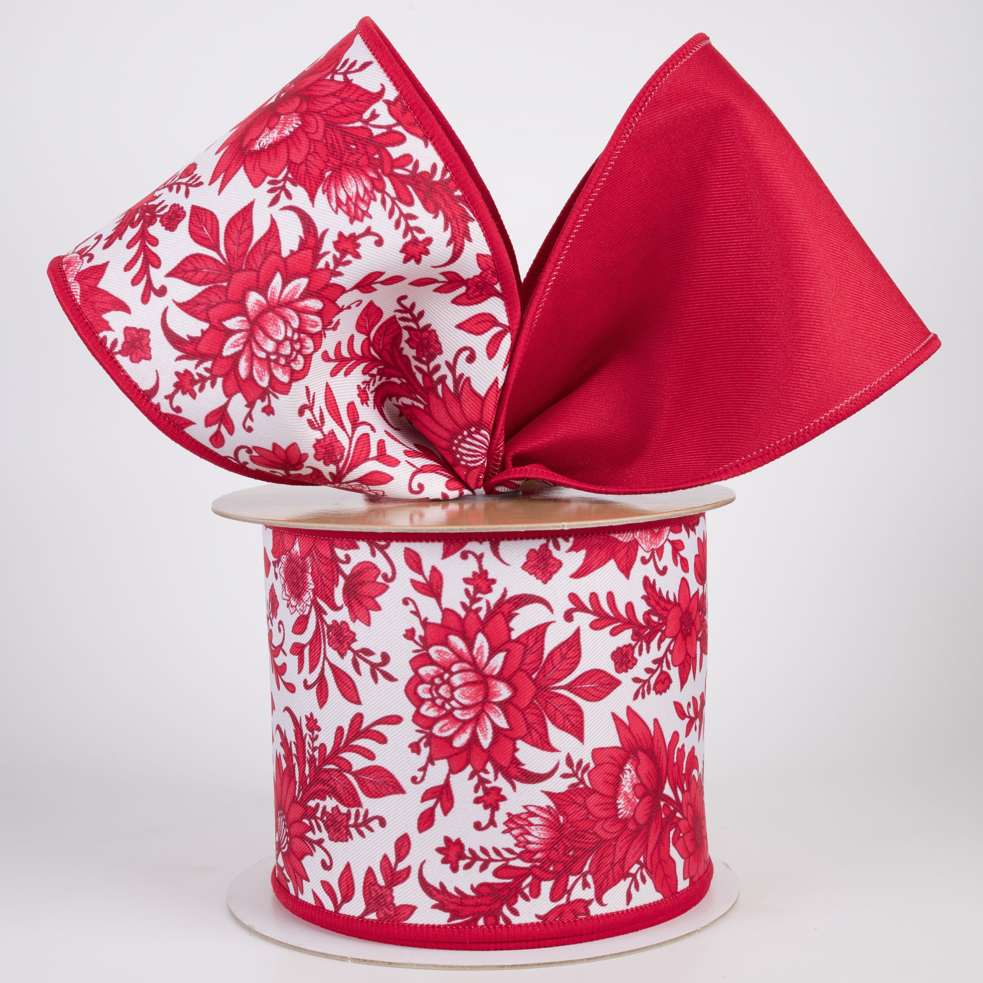 4" Double Sided Fused Chinoiserie Floral Ribbon: White & Red (10 Yards) Lifestyle Photo