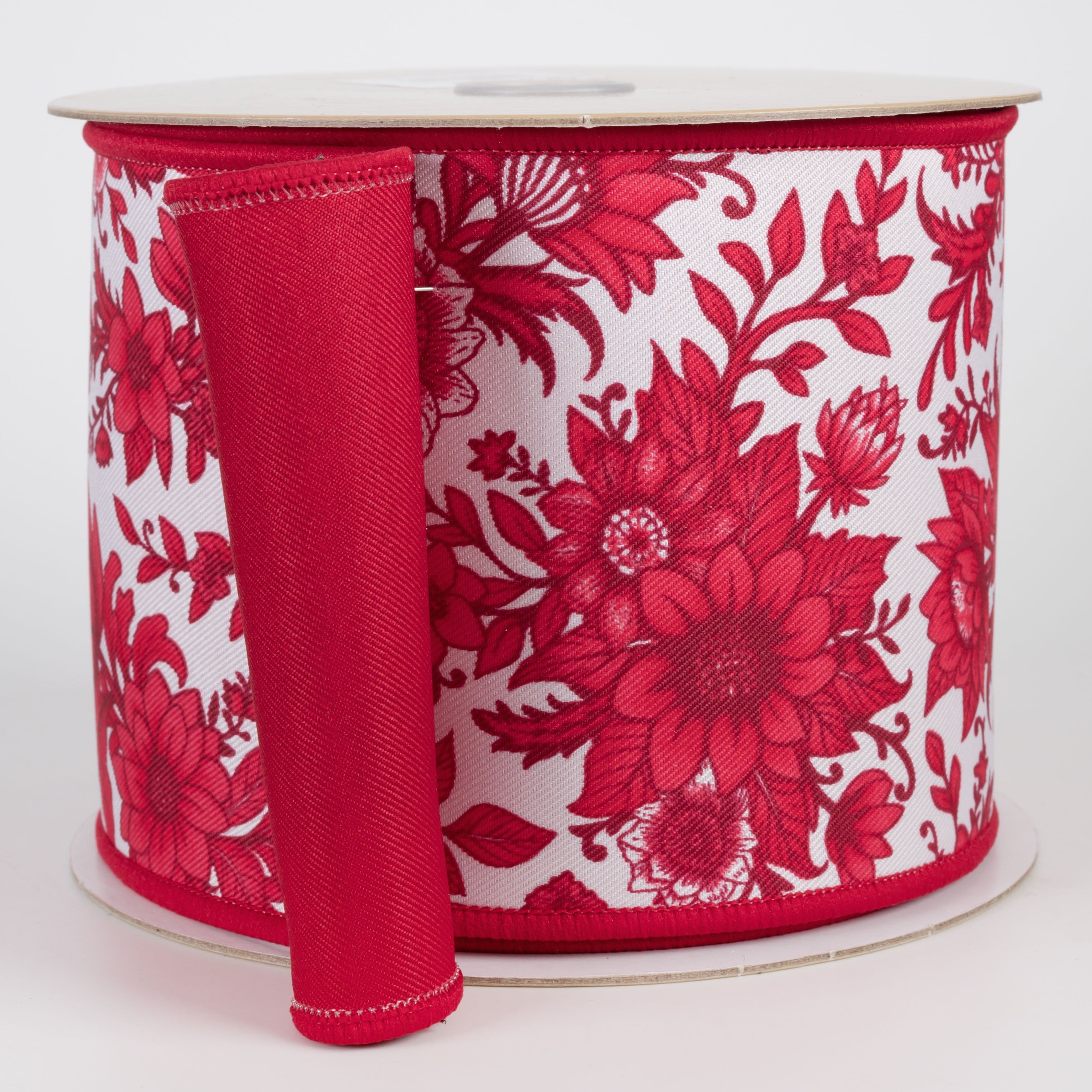 4" Double Sided Fused Chinoiserie Floral Ribbon: White & Red (10 Yards) Item Number: LX312724