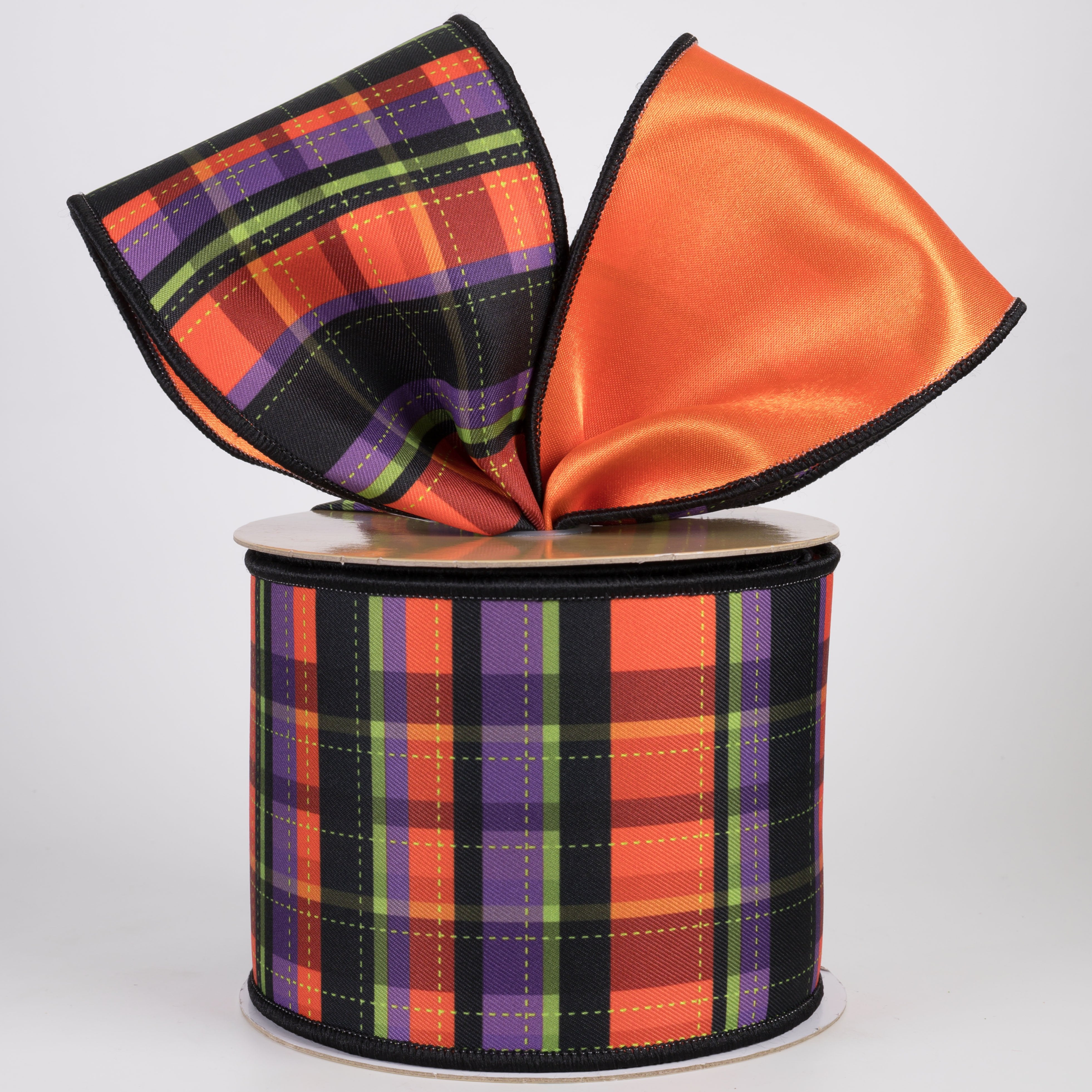 4" Double Sided Fused Dashed Plaid Ribbon: Halloween (10 Yards) Lifestyle Photo