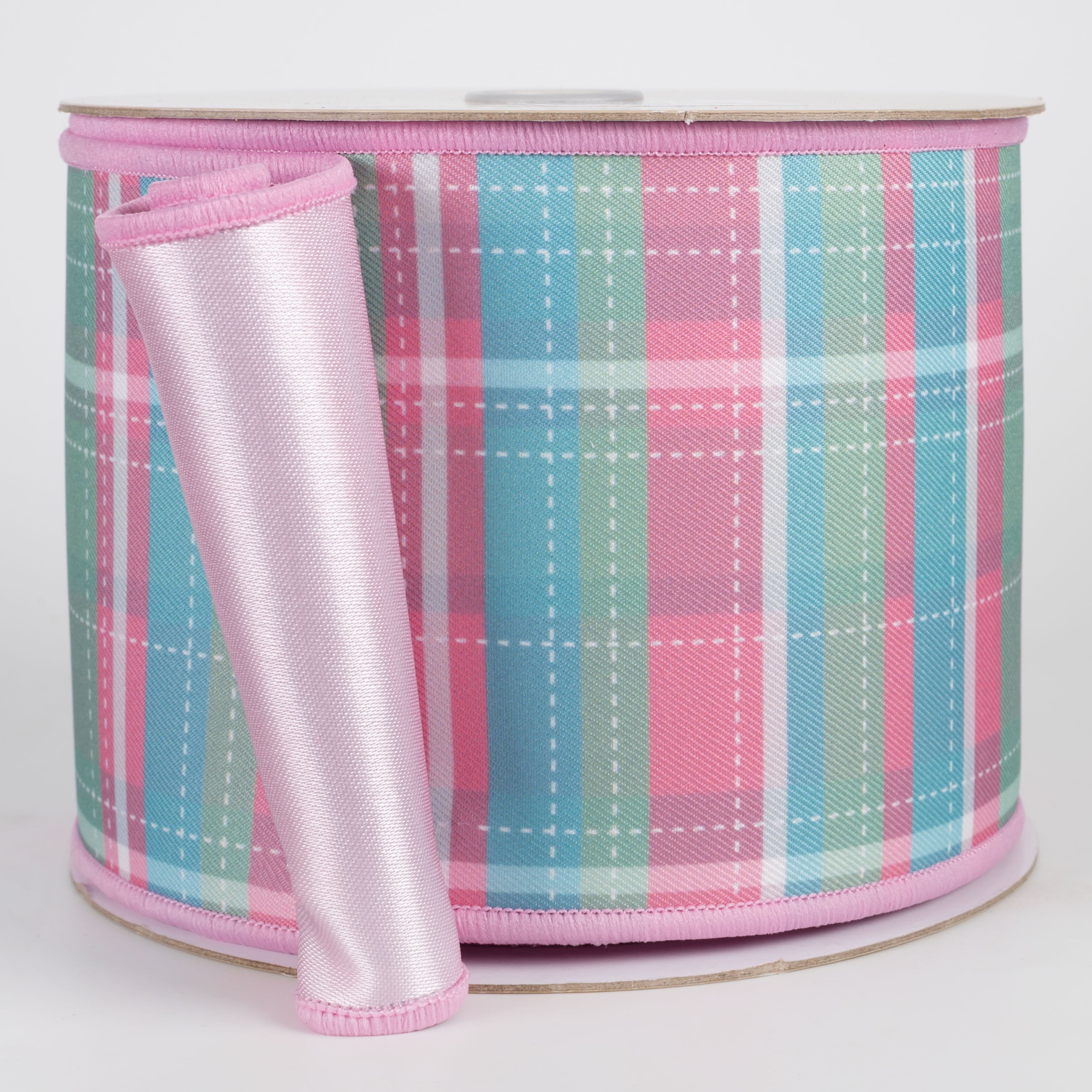 4" Double Sided Fused Dashed Plaid Ribbon: Pink & Mint (10 Yards) Item Number: LX1286WT