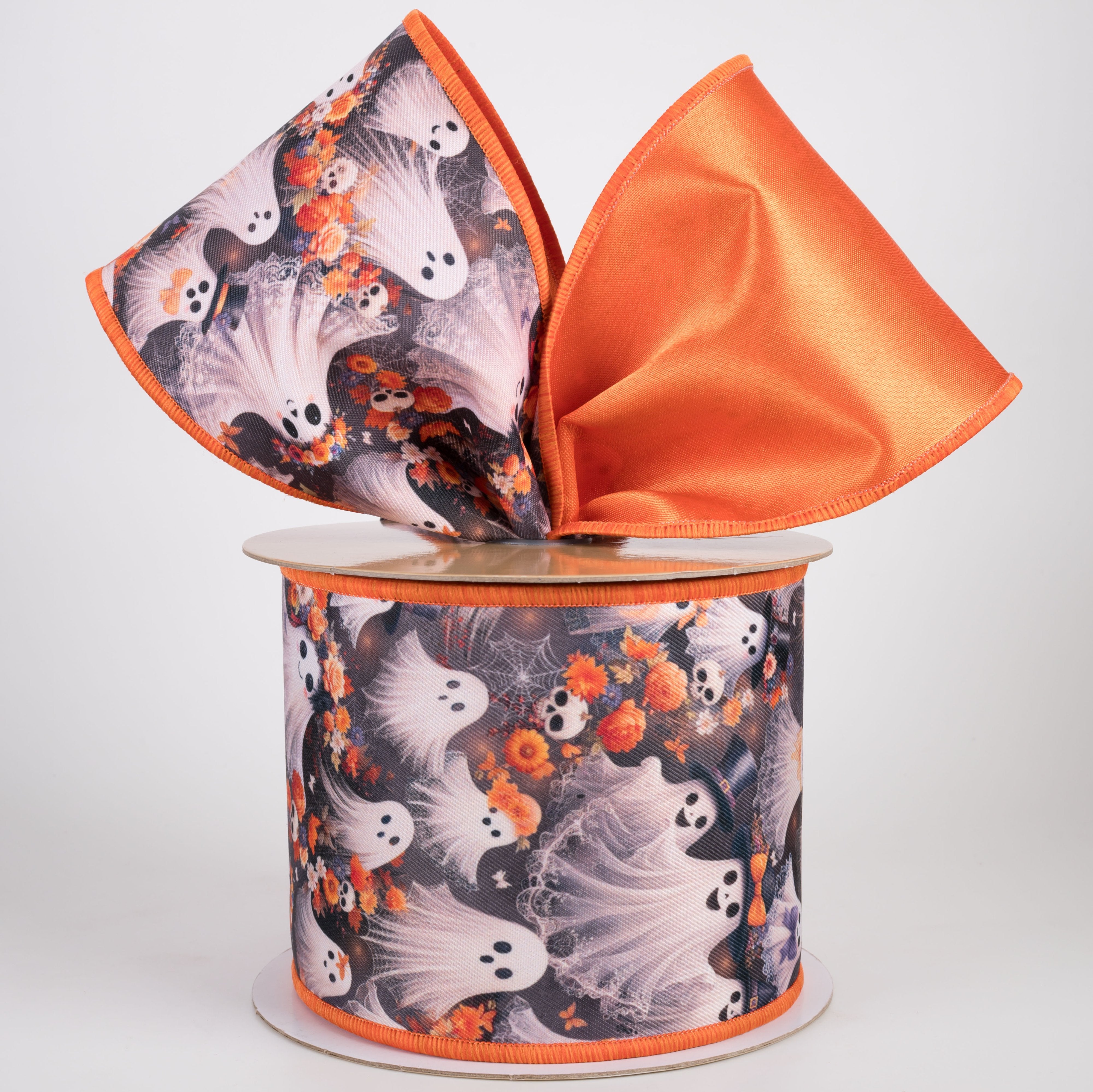 4" Double Sided Fused Fancy Ghosts & Floral Skulls Ribbon: Orange (10 Yards) Lifestyle Photo