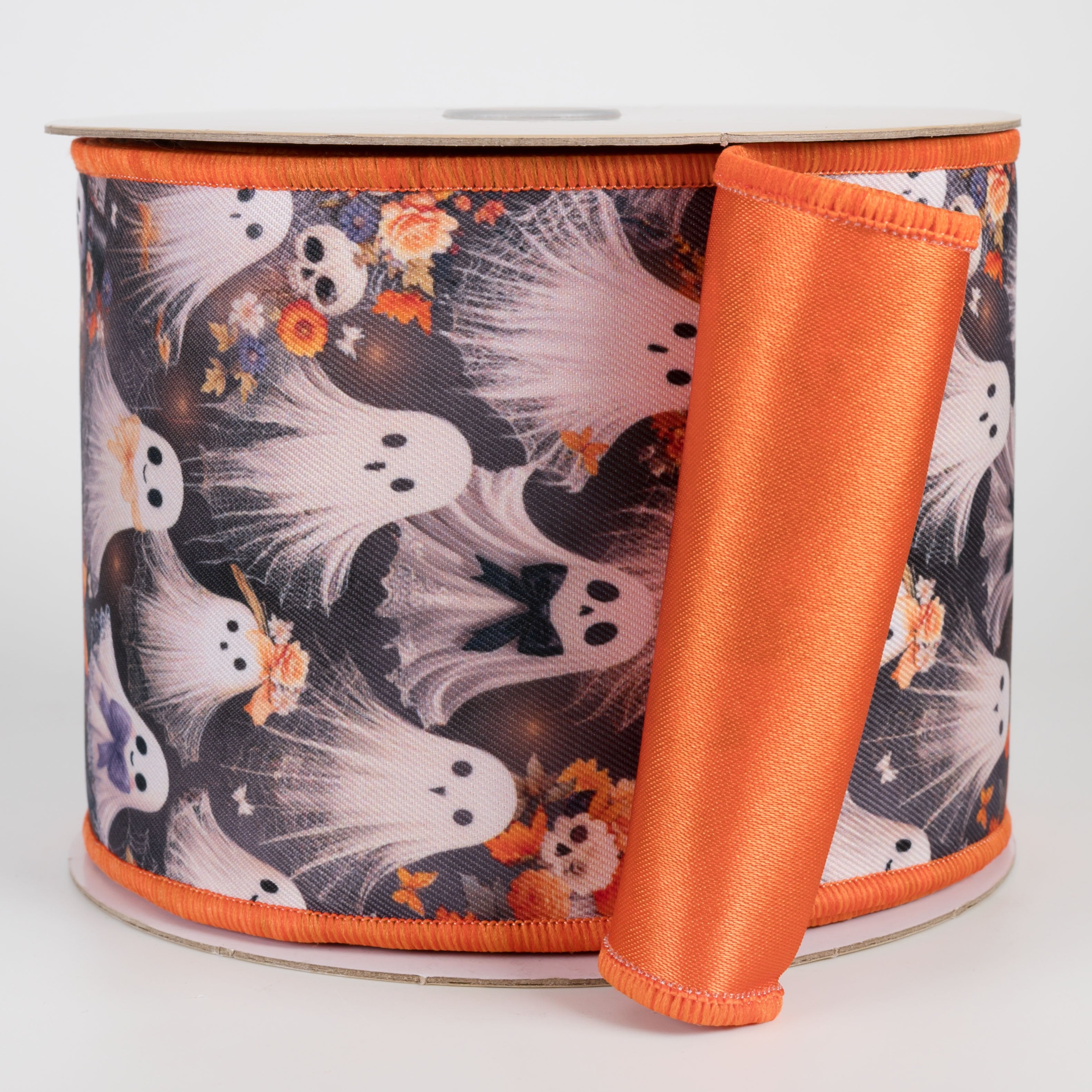 4" Double Sided Fused Fancy Ghosts & Floral Skulls Ribbon: Orange (10 Yards) Item Number: LX1292T5