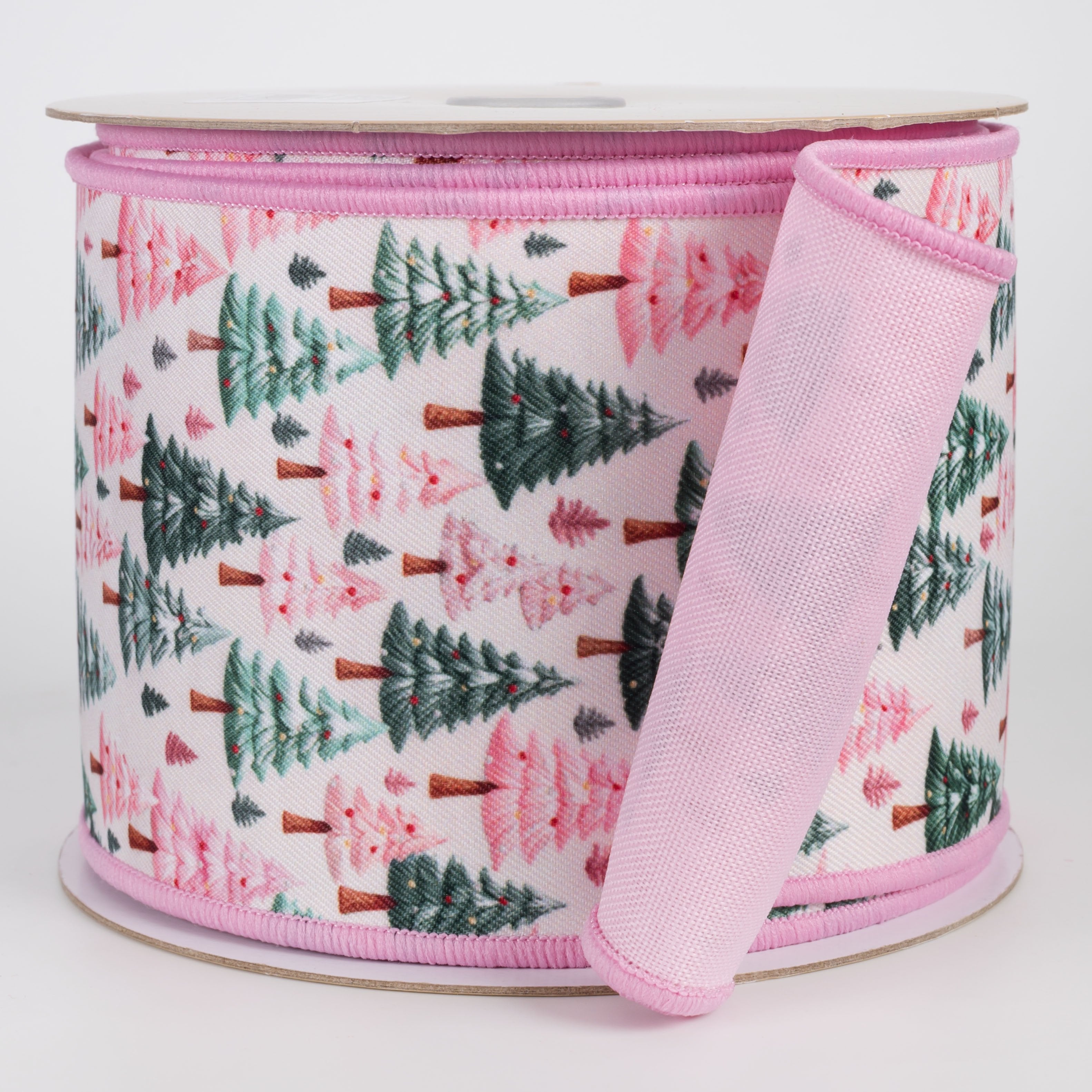 4" Double Sided Fused Festive Christmas Trees Ribbon: Ivory & Pink (10 Yards) Item Number: LX1278RT