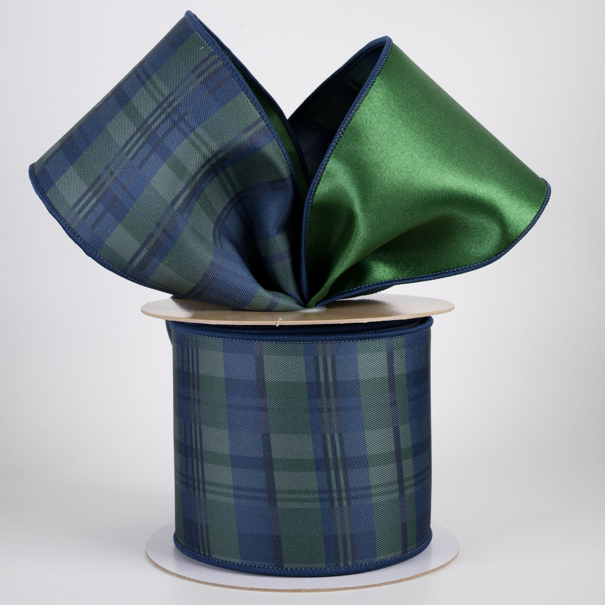 4" Double Sided Fused Plaid Ribbon: Preppy Navy & Green (10 Yards) Lifestyle Photo