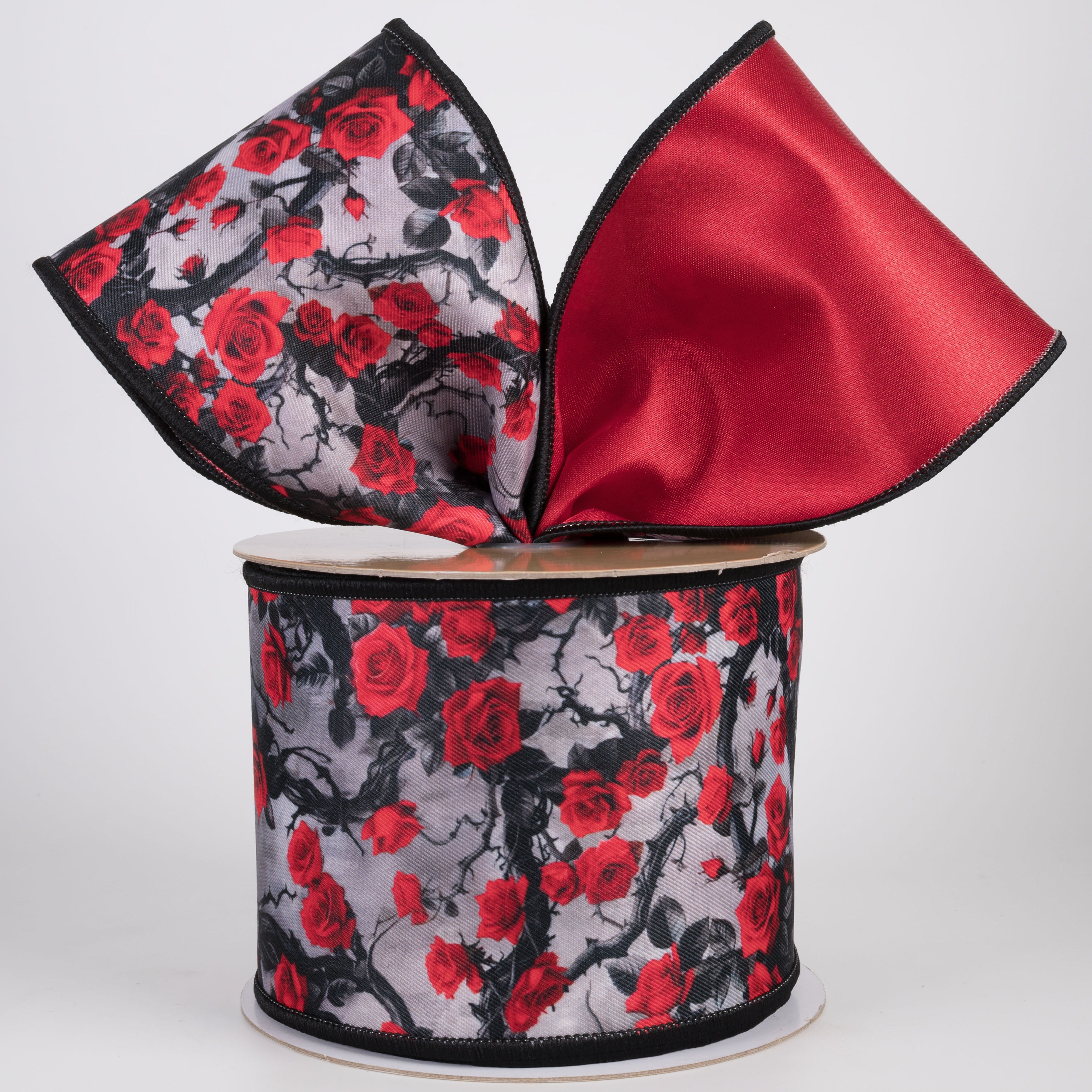 4" Double Sided Fused Roses & Vines Ribbon: Red & Black (10 Yards) Lifestyle Photo