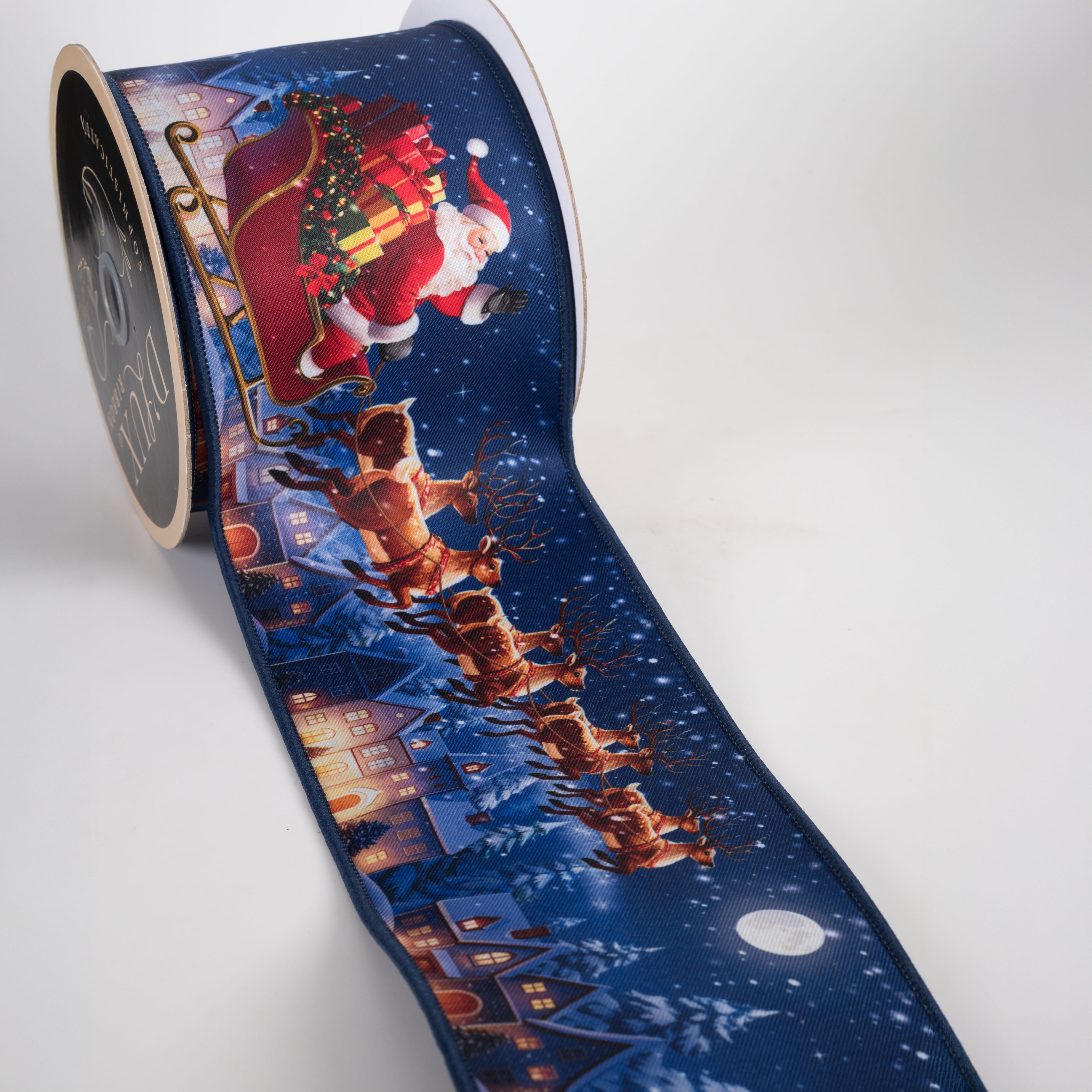 4" Double Sided Fused Santa's Sleigh & Reindeer Ribbon (10 Yards) detail photo 3