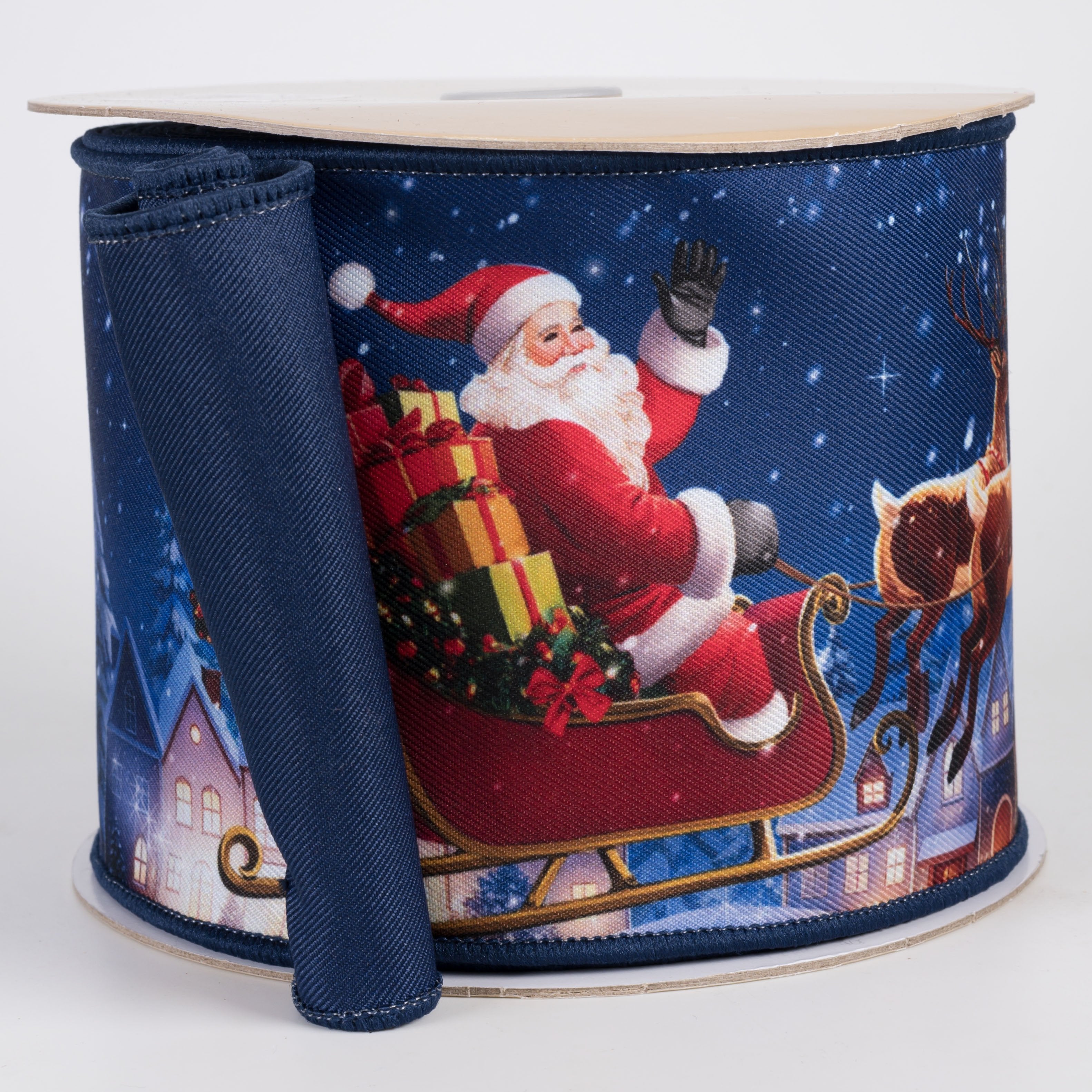 4" Double Sided Fused Santa's Sleigh & Reindeer Ribbon (10 Yards) Item Number: LX1249N9
