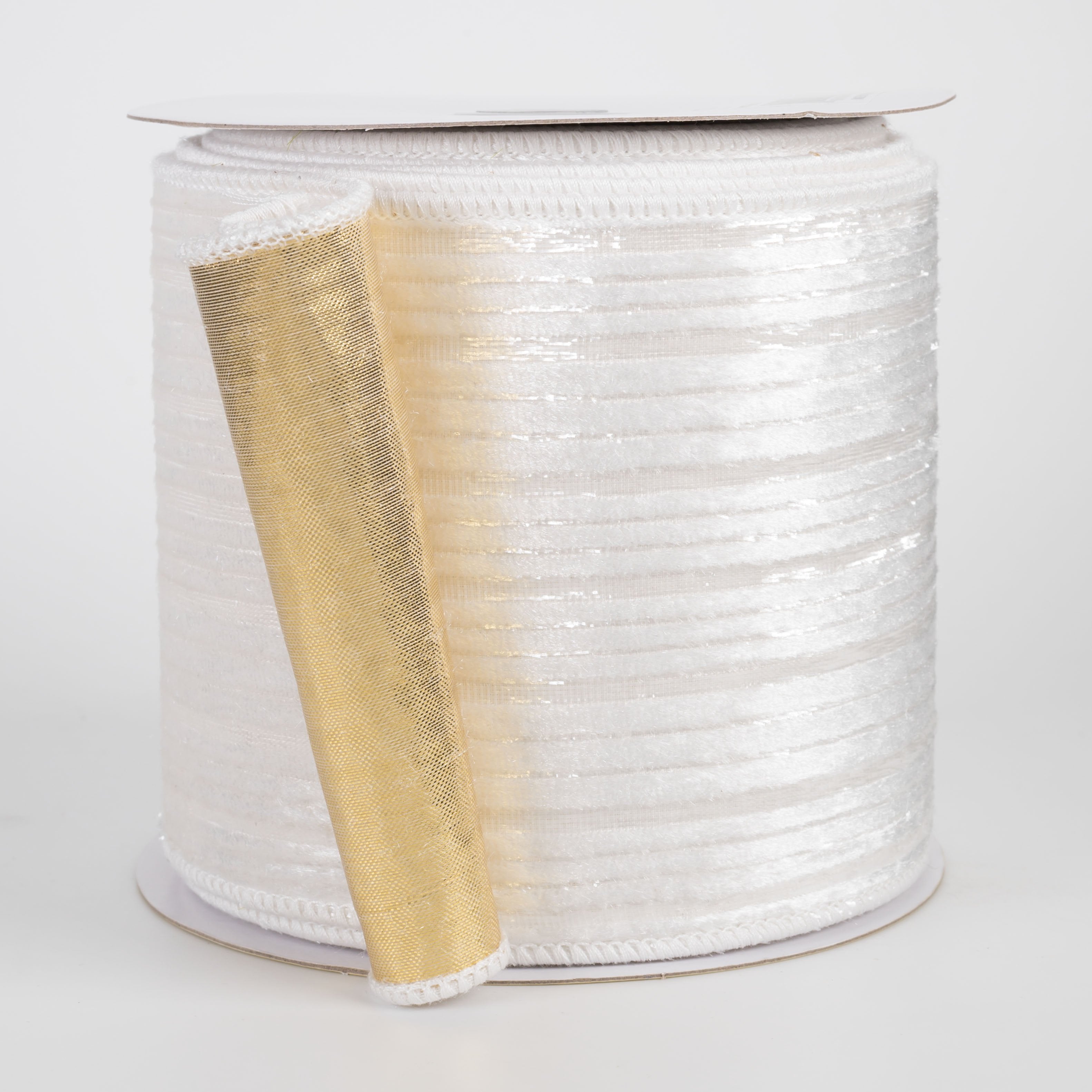 4" Double Sided Fused Striped Velvet Ribbon: White & Gold (10 Yards) Item Number: LX500827