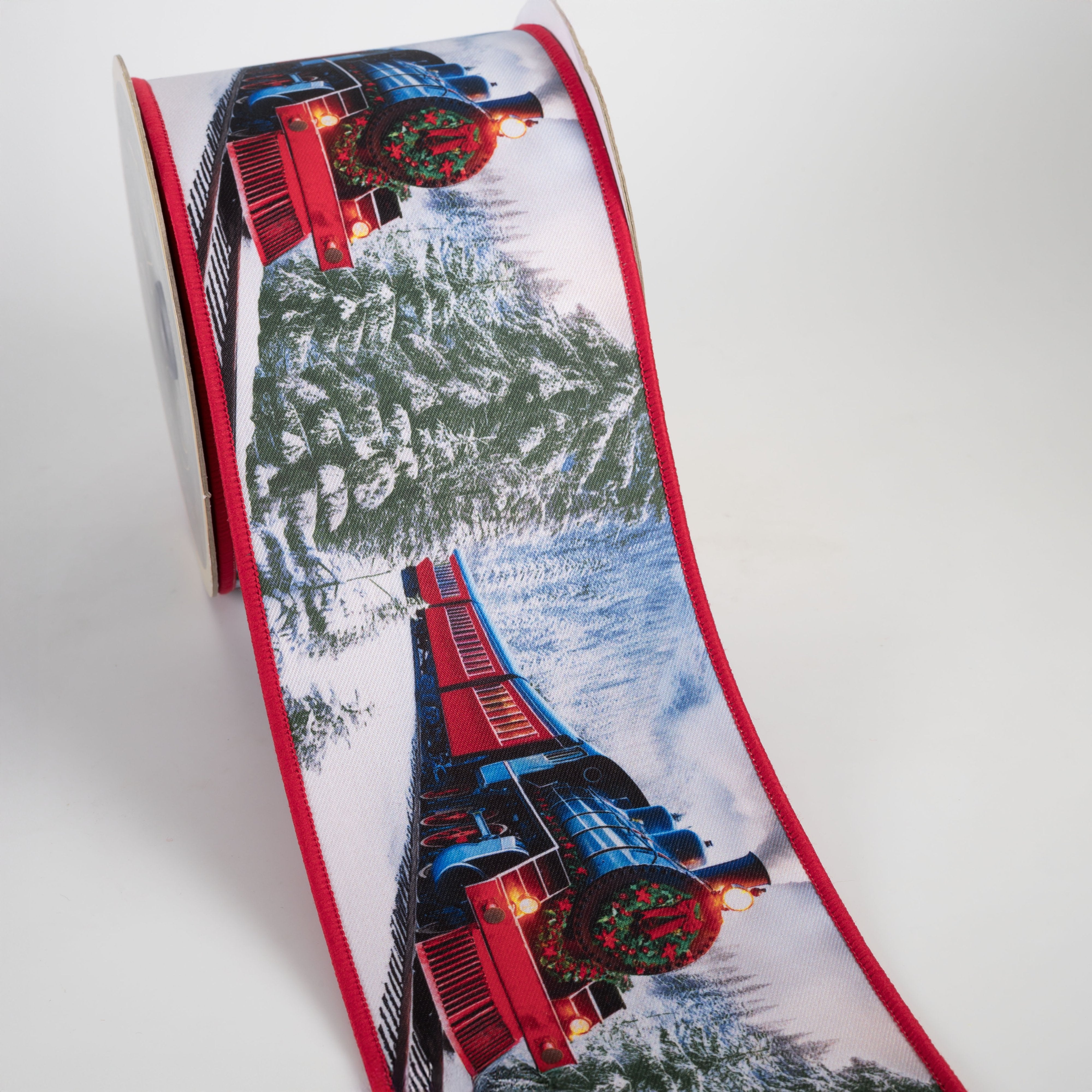 4" Double Sided Fused Winter Train Ribbon: Red (10 Yards) detail photo 3