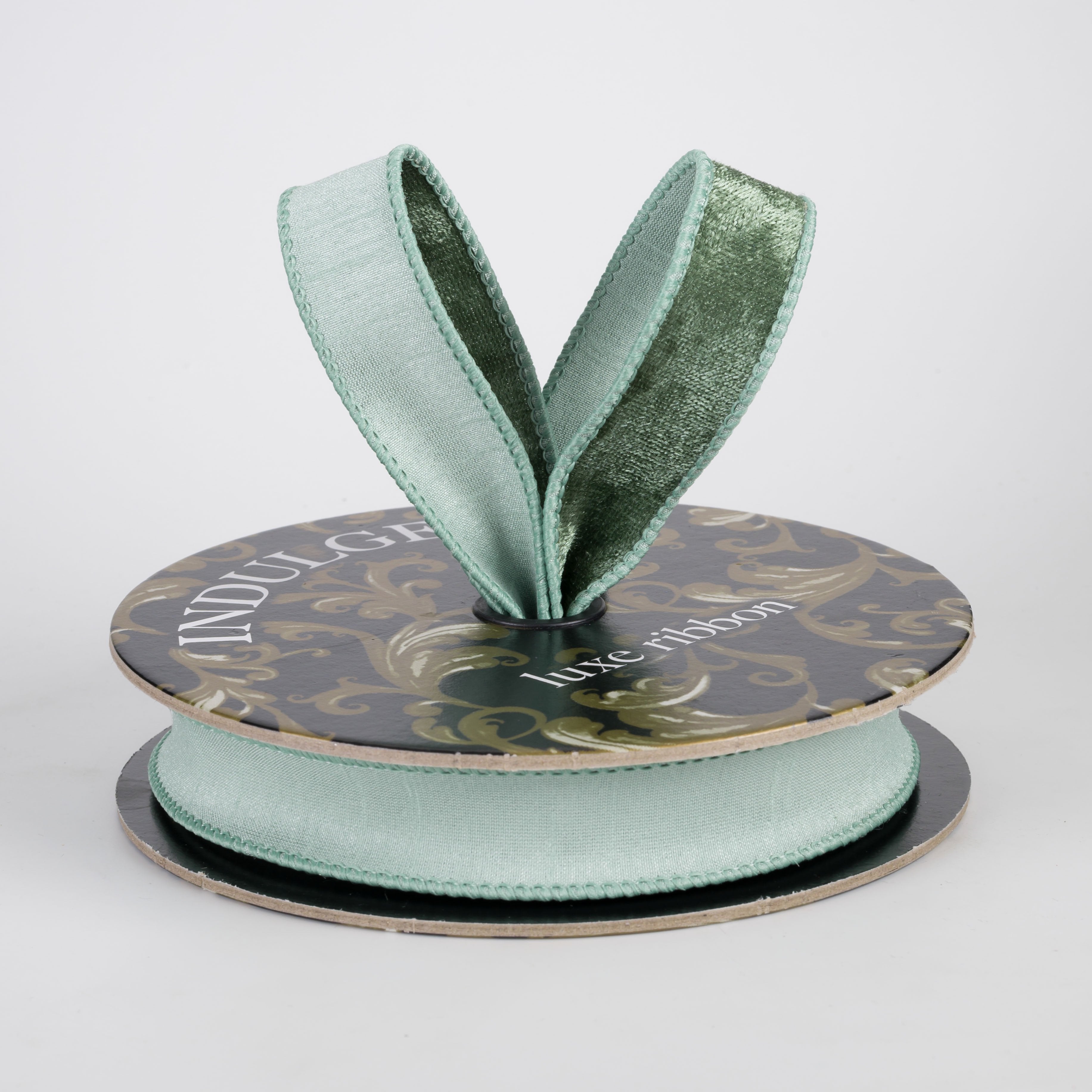 1" Double Sided Lush Velvet & Dupioni Ribbon: Sage Green (10 Yards) Lifestyle Photo