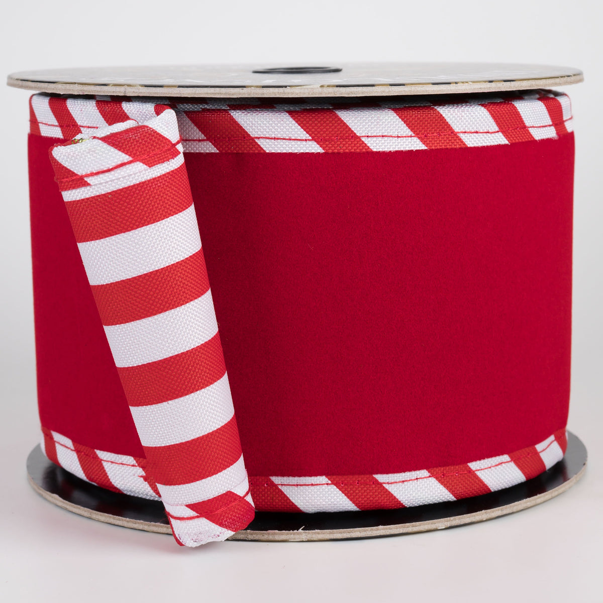 4" Double Sided Thick Flat Velvet & Cabana Stripe Ribbon: Red & White (5 Yards) Item Number: D73601-04-12