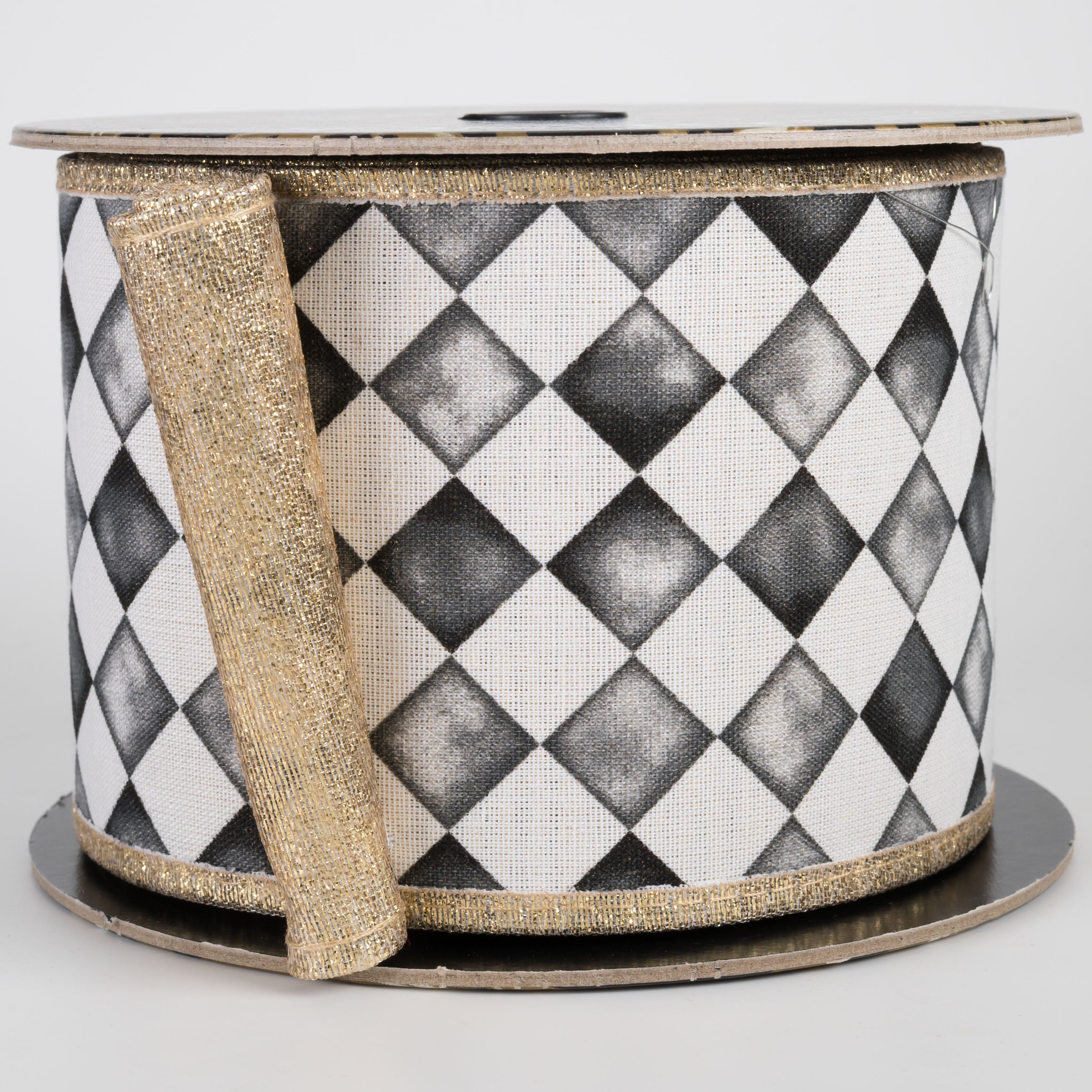 4" Double Sided Watercolor Check Ribbon: Black & White with Metallic Gold (10 Yards) Item Number: D73639-04-21