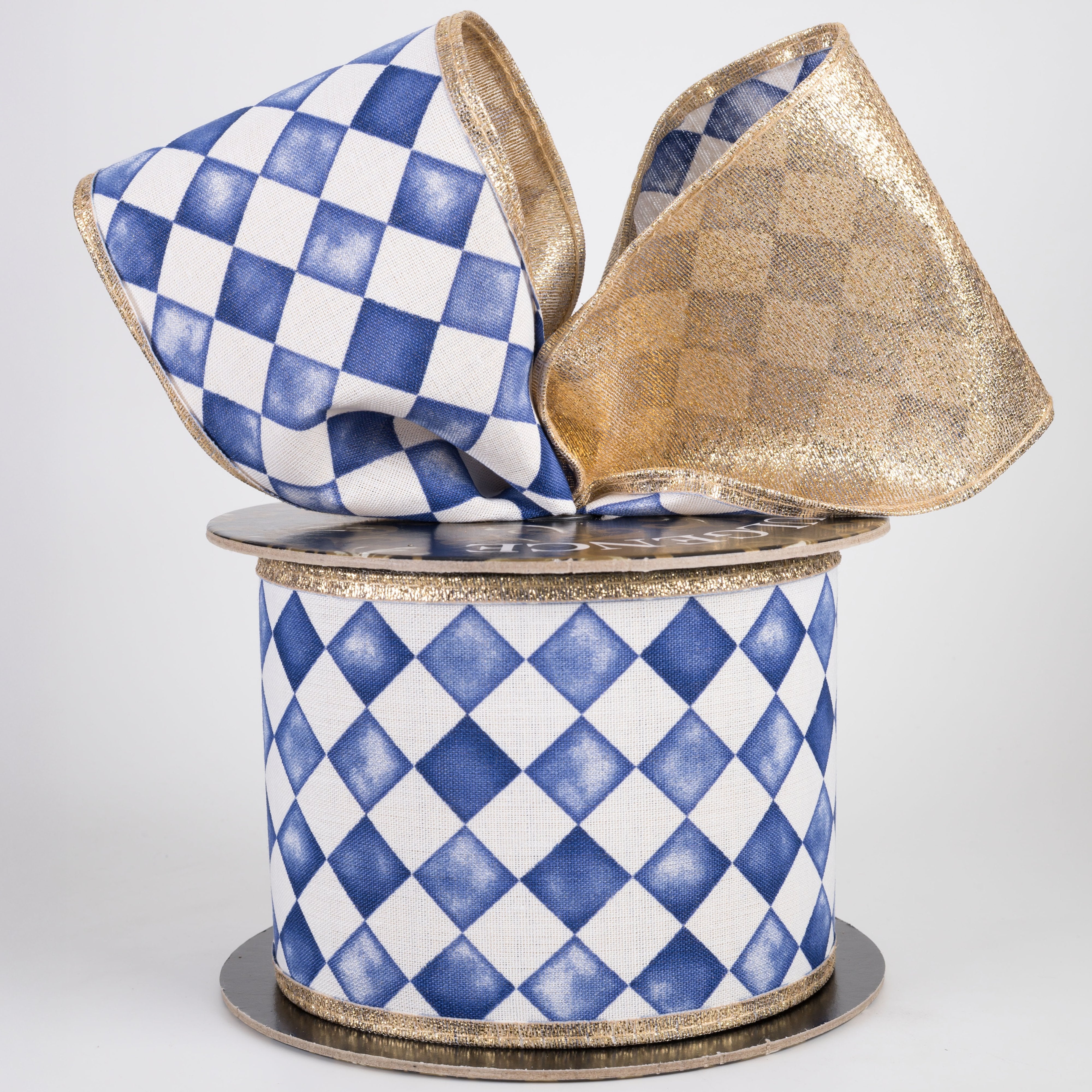 4" Double Sided Watercolor Check Ribbon: Navy & White with Metallic Gold (10 Yards) Lifestyle Photo