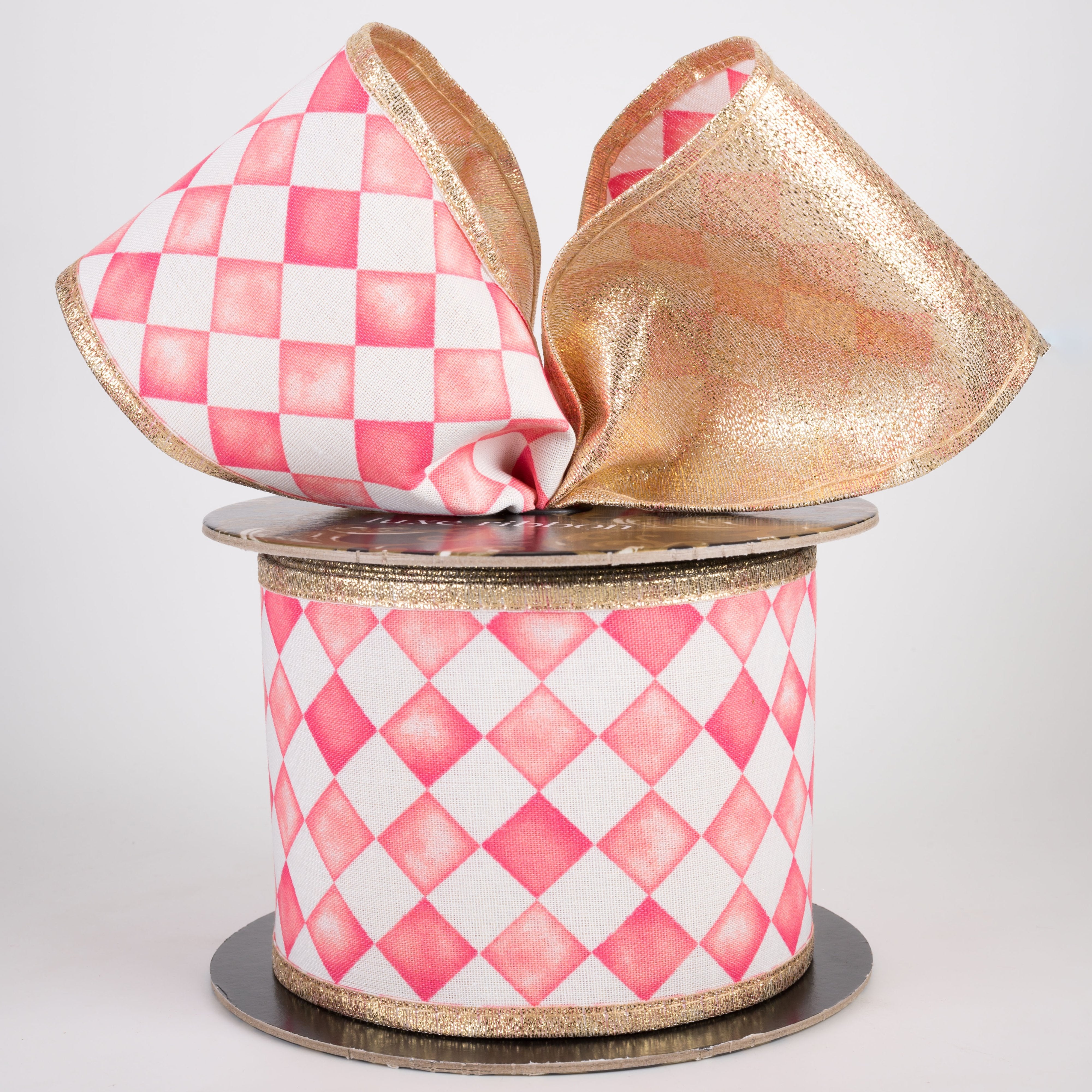 4" Double Sided Watercolor Check Ribbon: Pink & White with Metallic Gold (10 Yards) Lifestyle Photo
