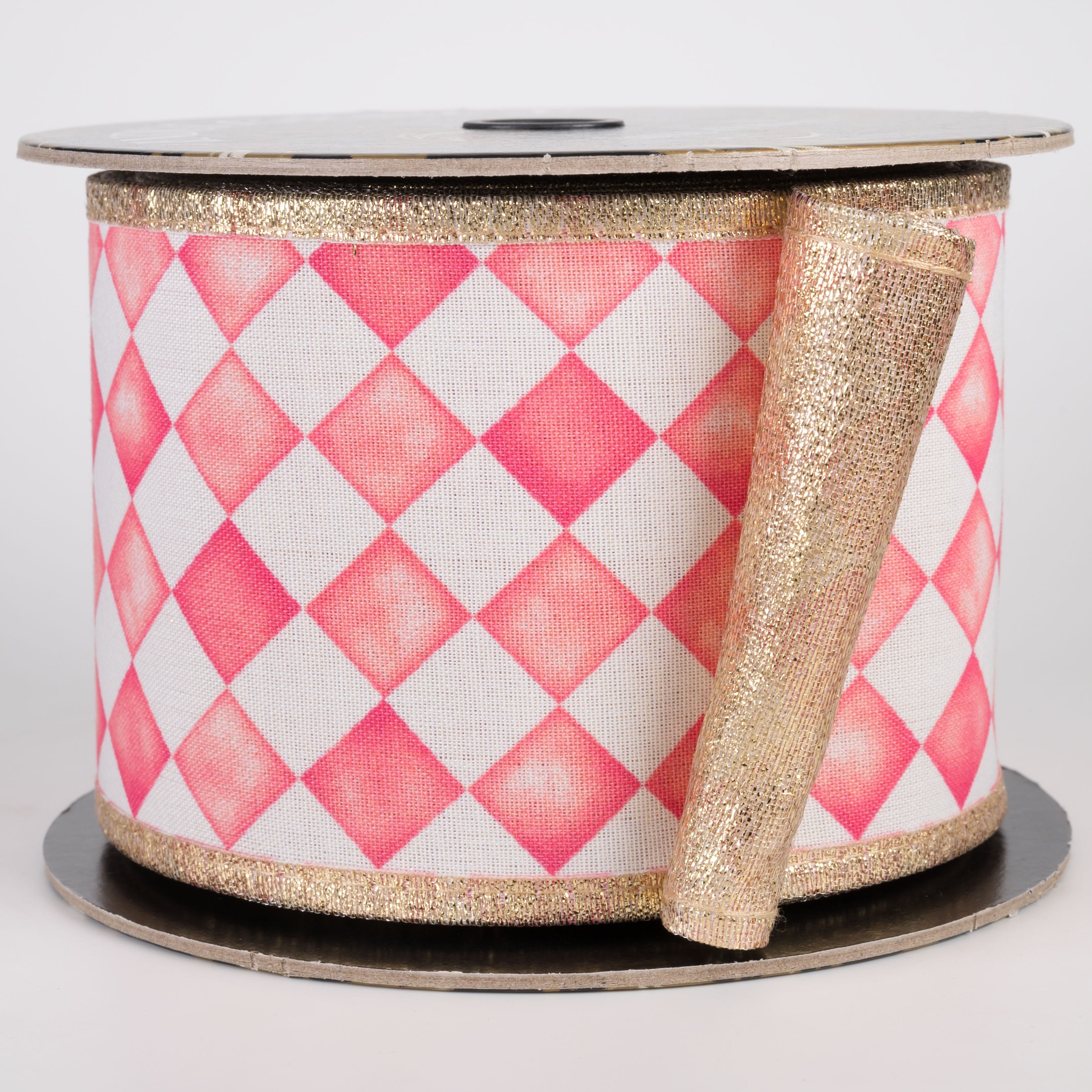 4" Double Sided Watercolor Check Ribbon: Pink & White with Metallic Gold (10 Yards) Item Number: D73639-04-03