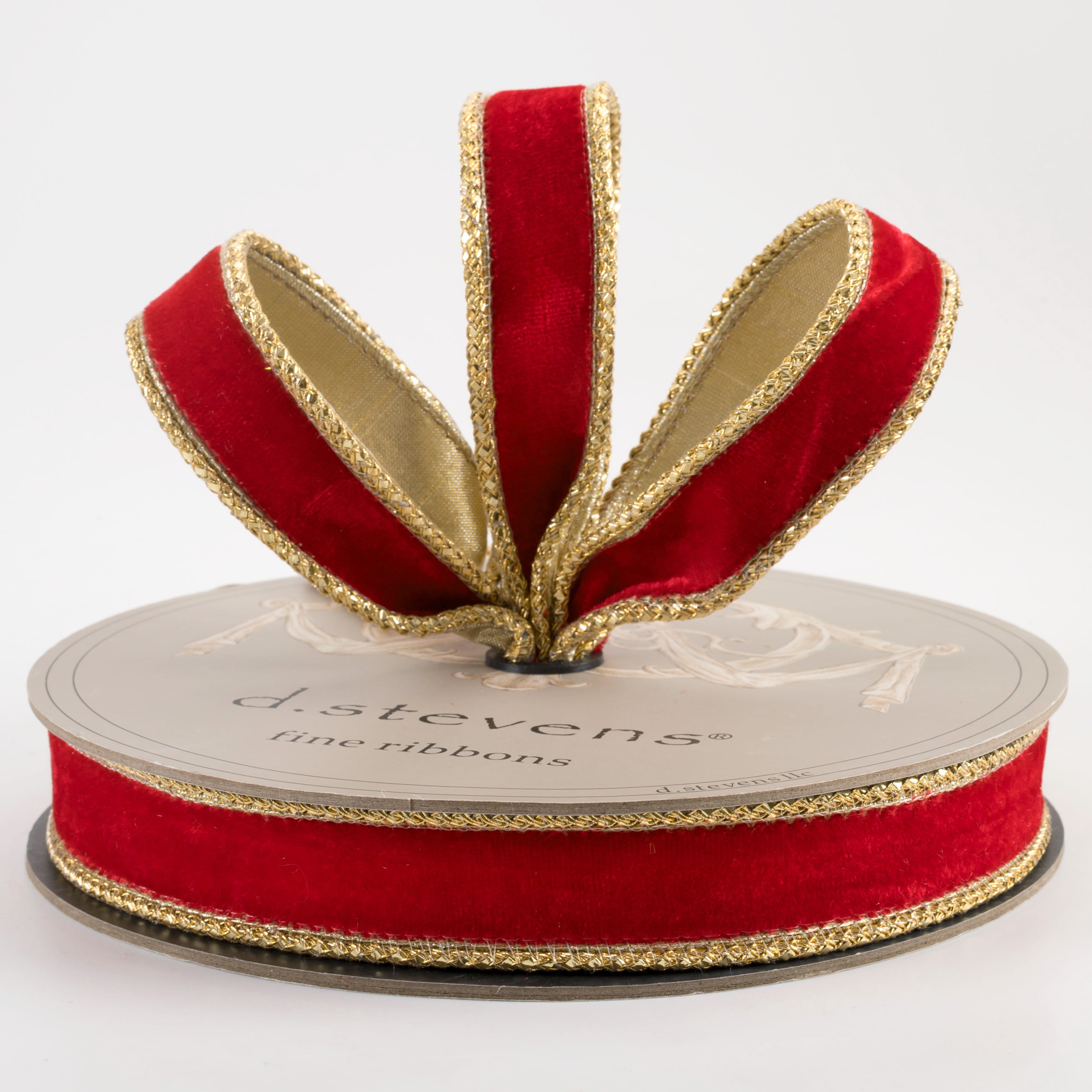 [D Stevens] 1" Velvet Gold Braid Edge Ribbon: Red (10 Yards)