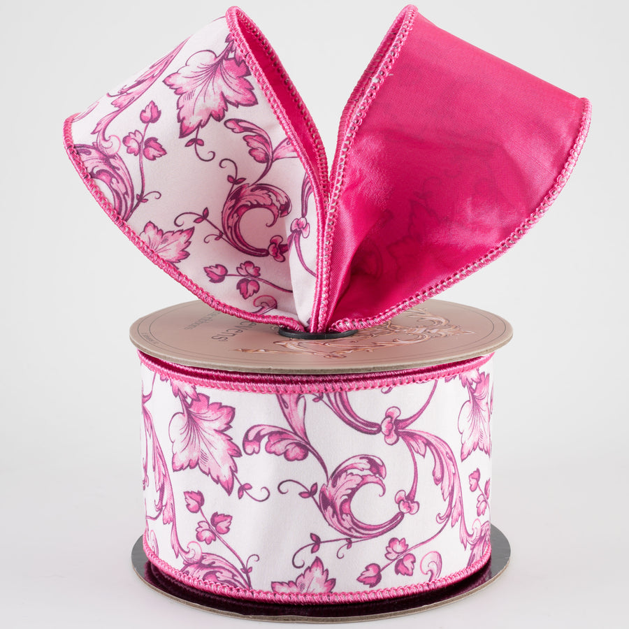 [D Stevens] 2.5" Taffeta Acanthus Scroll Chinoiserie Ribbon: Pink & White (10 Yards)