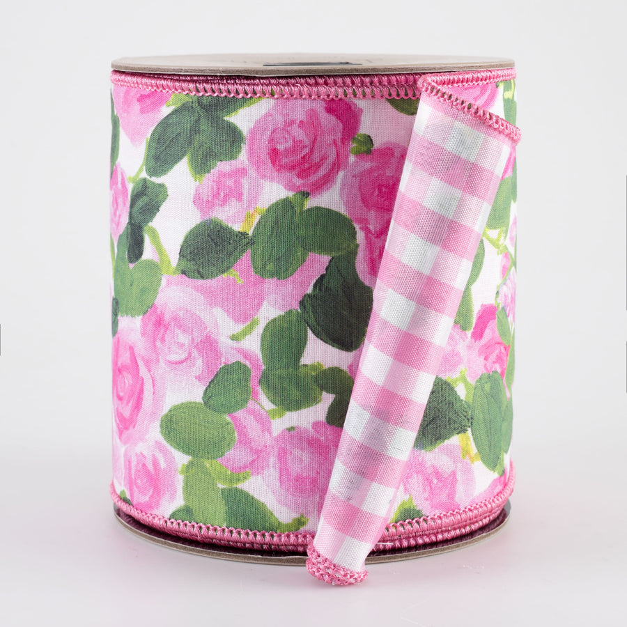 [D Stevens] 4" Linen Rose Garden Check Back Ribbon: Pink (10 Yards)
