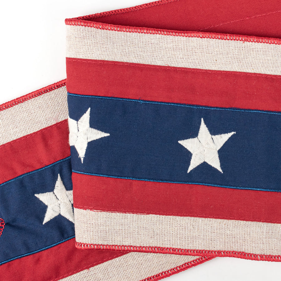 [D Stevens] 6" Linen Embroidered Stars and Stripes Ribbon Wreath Sash