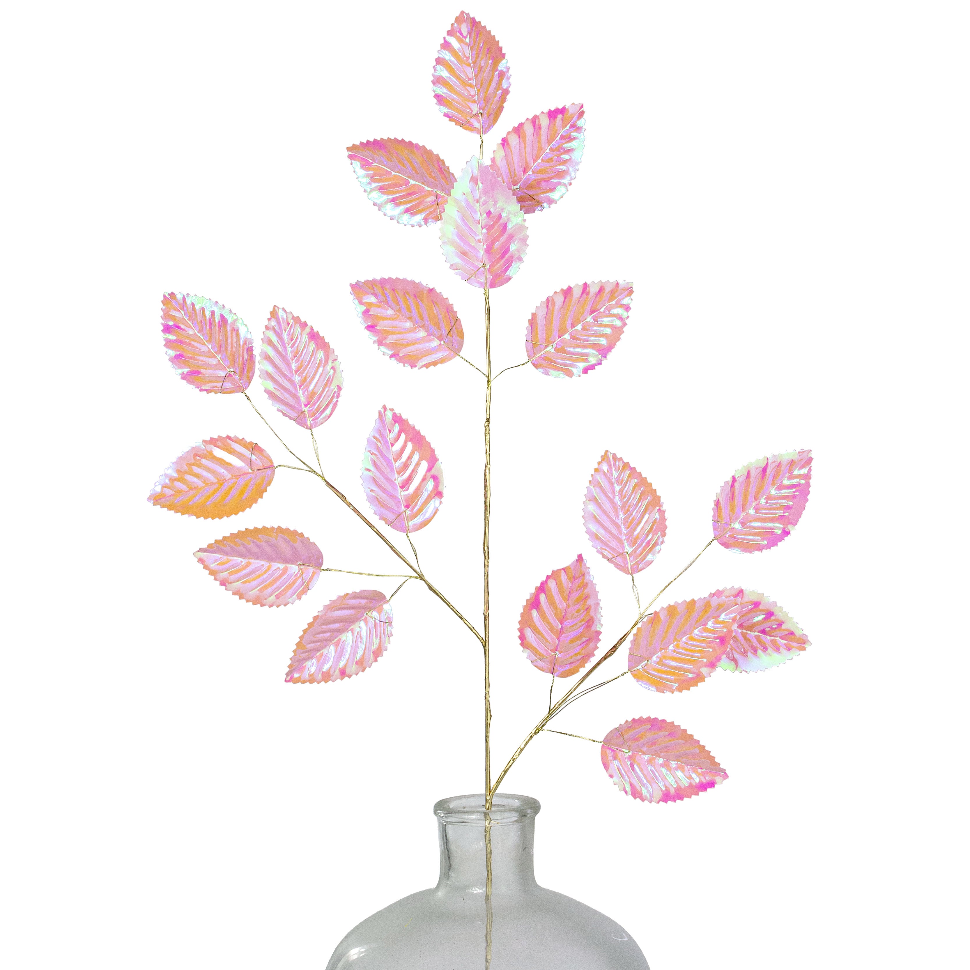 28" Plastic Hydrangea Leaves Spray: Iridescent Pink