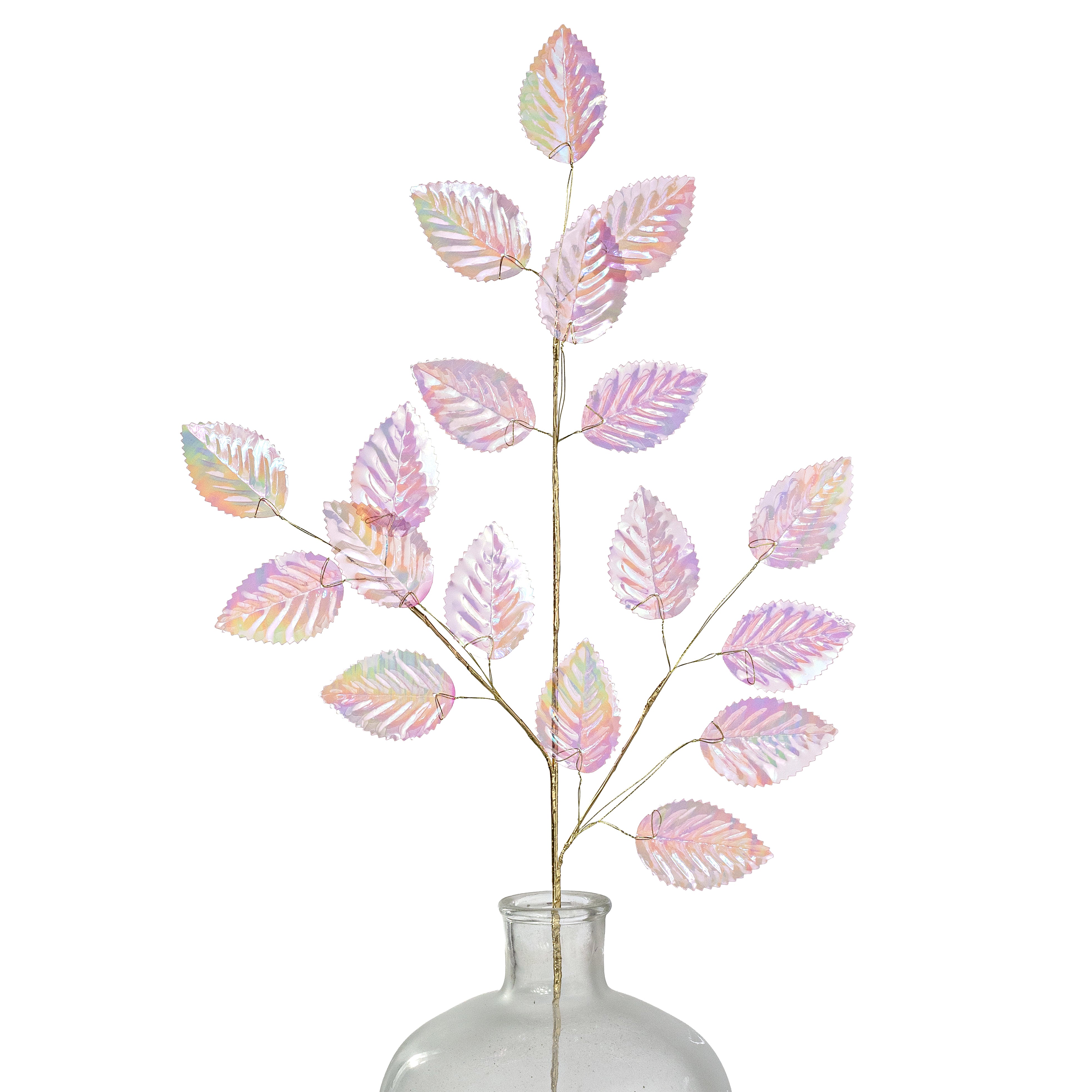 28" Plastic Hydrangea Leaves Spray: Iridescent Transparent Pink