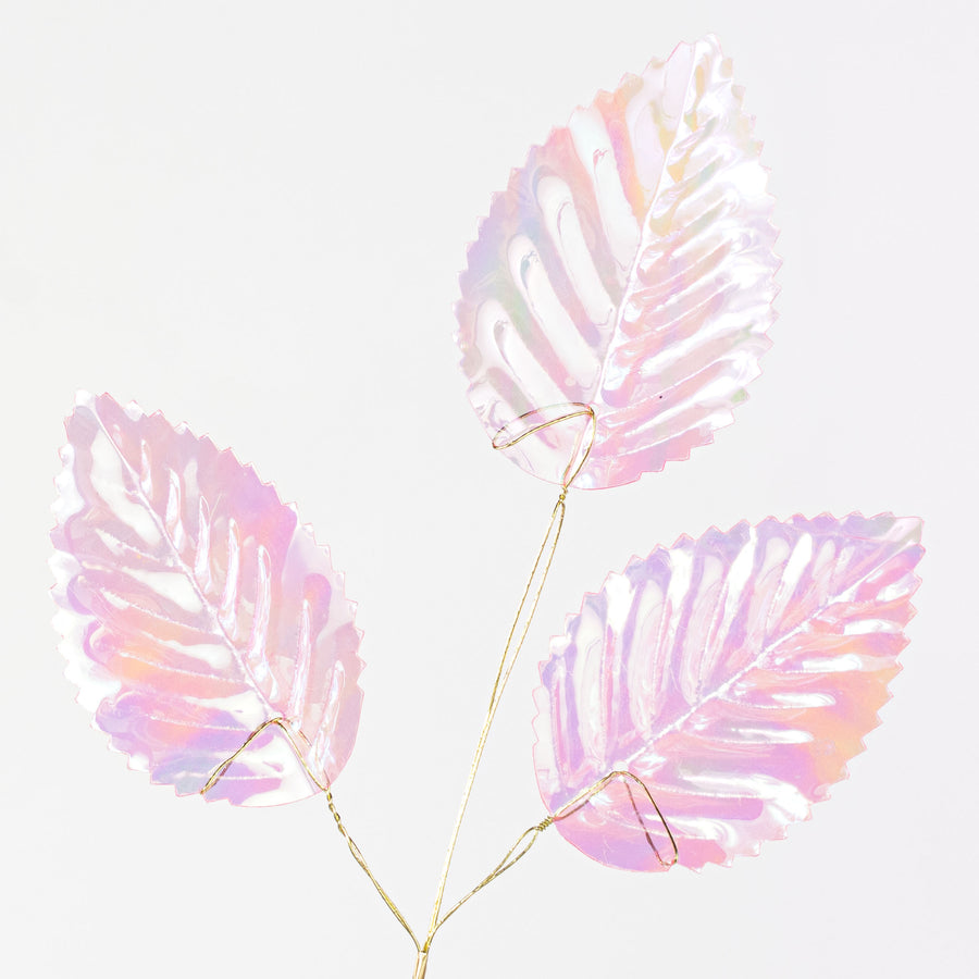 28" Plastic Hydrangea Leaves Spray: Iridescent Transparent Pink