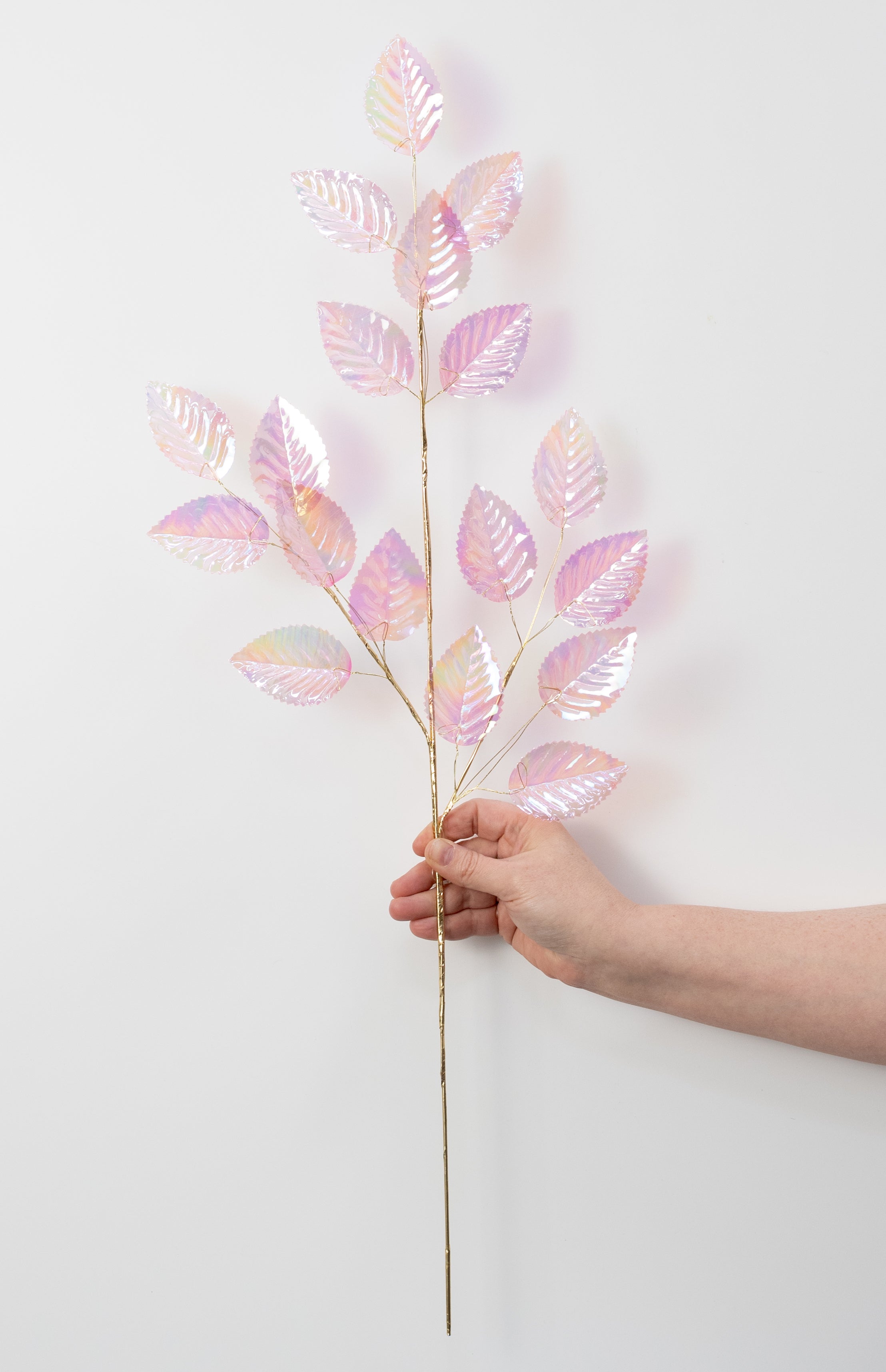 28" Plastic Hydrangea Leaves Spray: Iridescent Transparent Pink