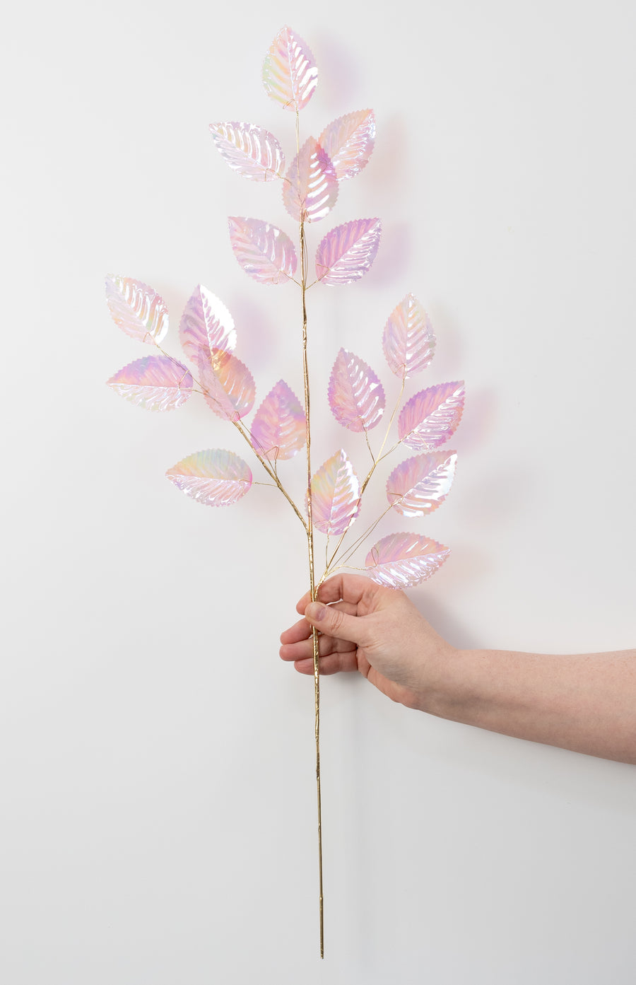 28" Plastic Hydrangea Leaves Spray: Iridescent Transparent Pink