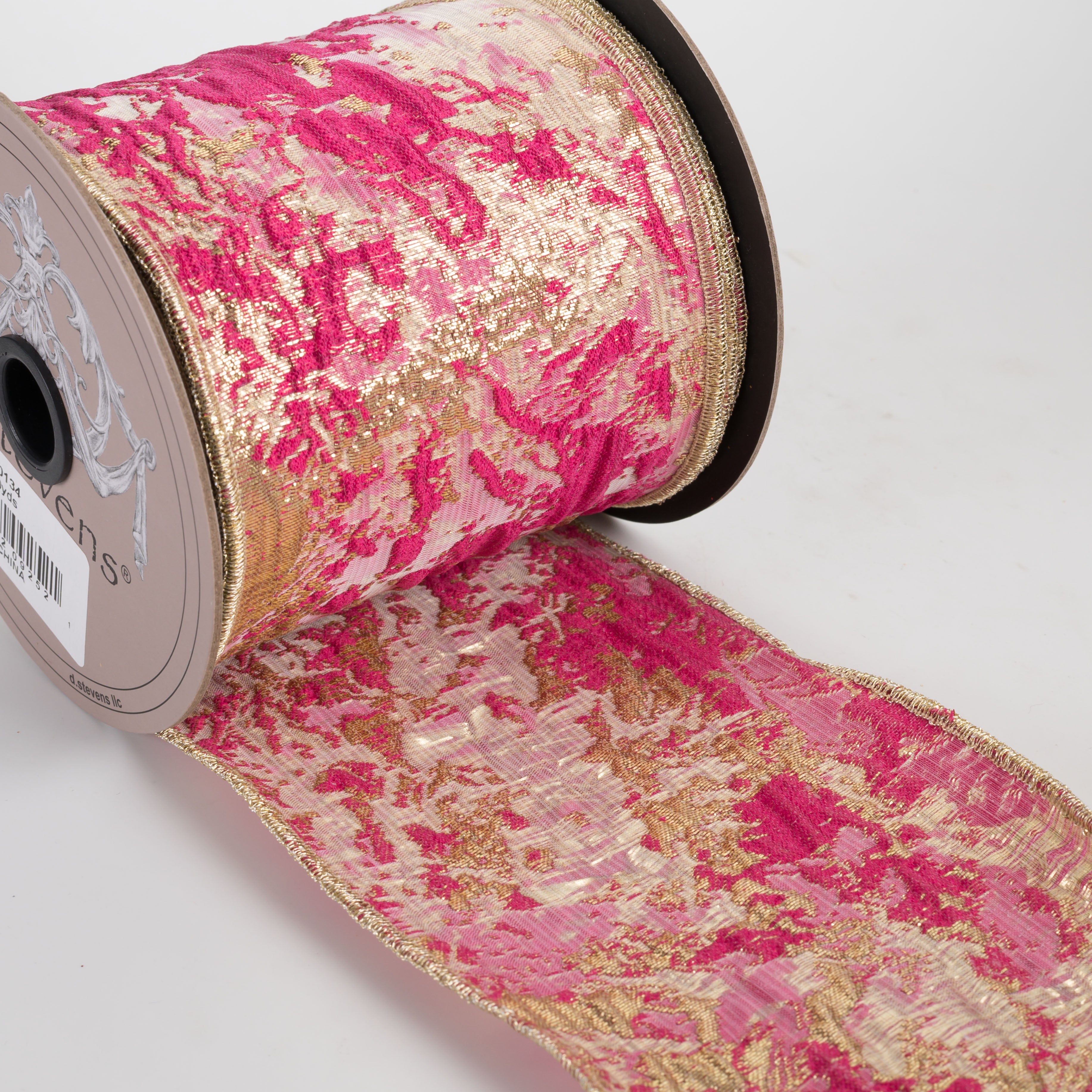 [D Stevens] 4" Abstract Raised Jacquard Ribbon: Fuchsia & Gold (10 Yards)