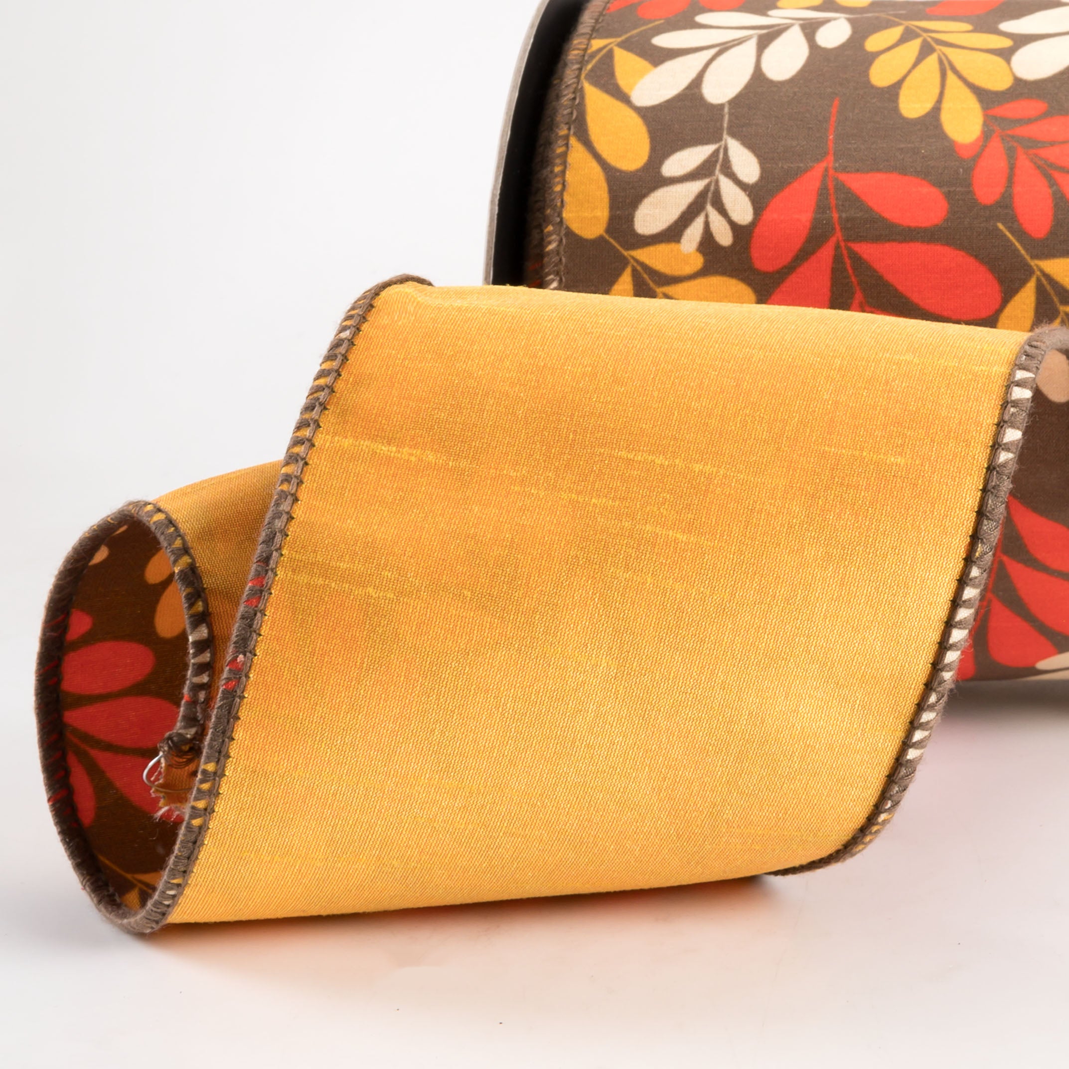 [D Stevens] 4" Dupioni Fall Leaves Ribbon: Orange, Ivory, Brown (10 Yards) detail photo 3