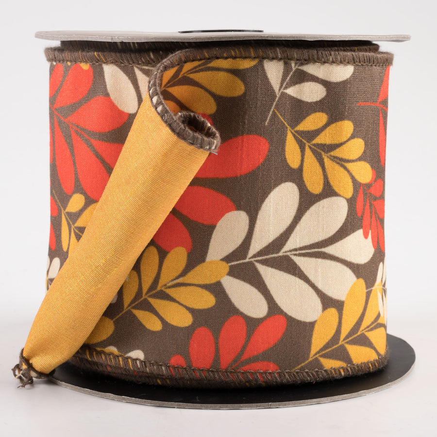 [D Stevens] 4" Dupioni Fall Leaves Ribbon: Orange, Ivory, Brown (10 Yards)