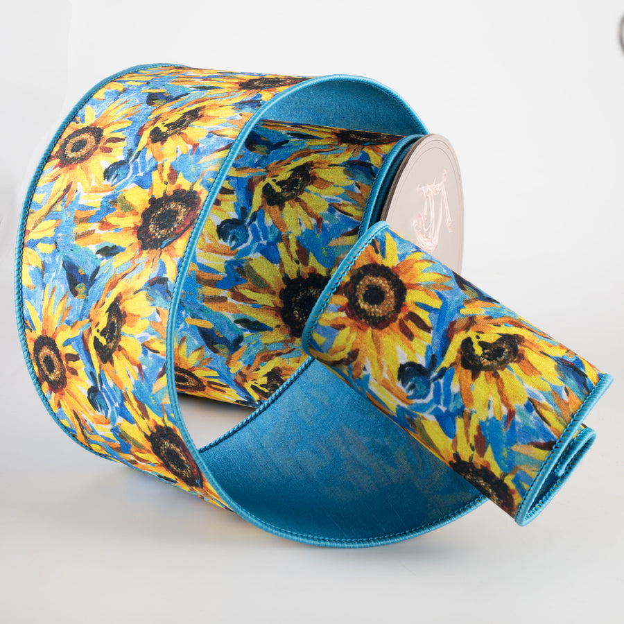 [D Stevens] 4" Dupioni Impressionism Sunflowers Ribbon: Blue & Yellow (10 Yards) Lifestyle Photo