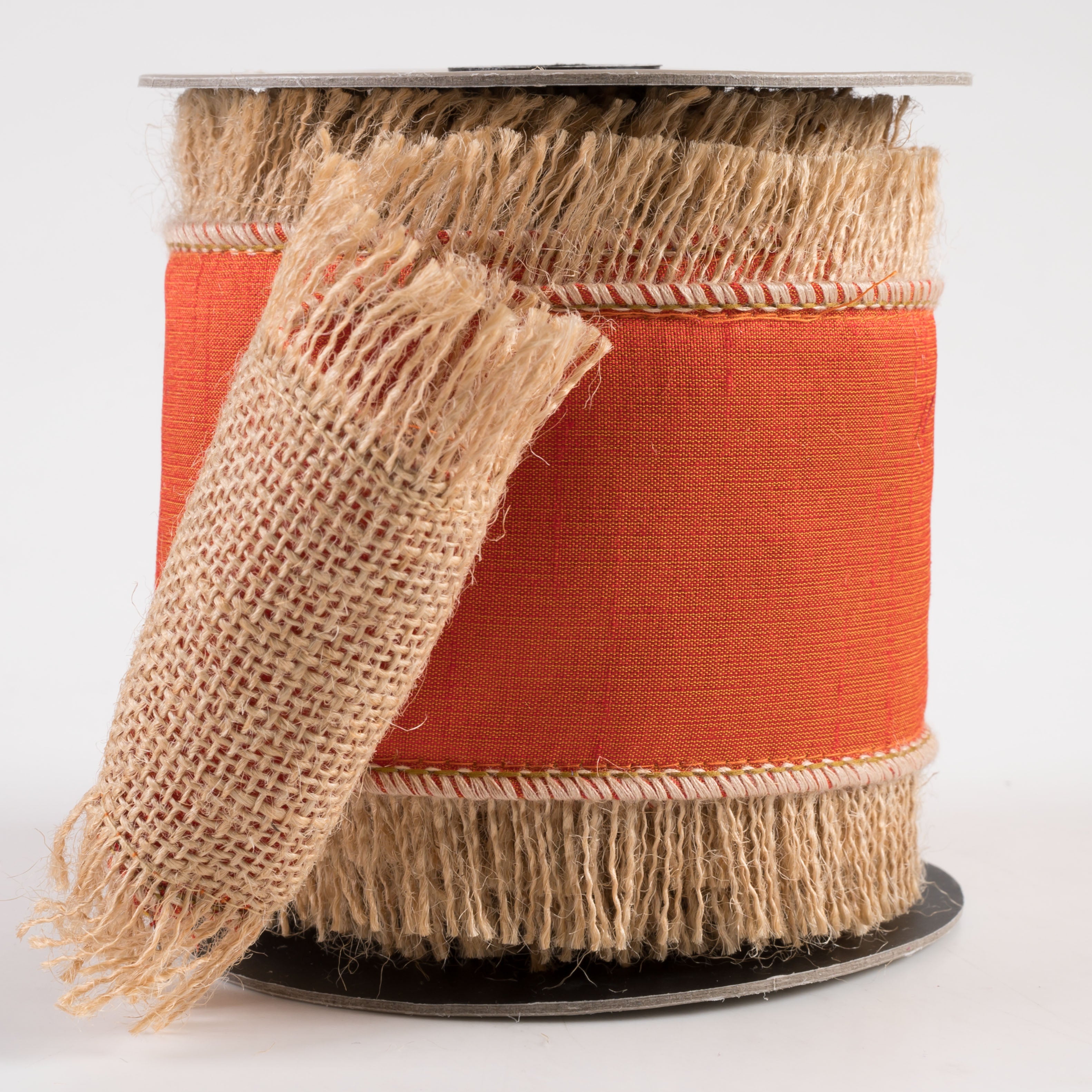 [D Stevens] 4" Dupioni Jute Fringe Edge Ribbon: Pumpkin (5 Yards)