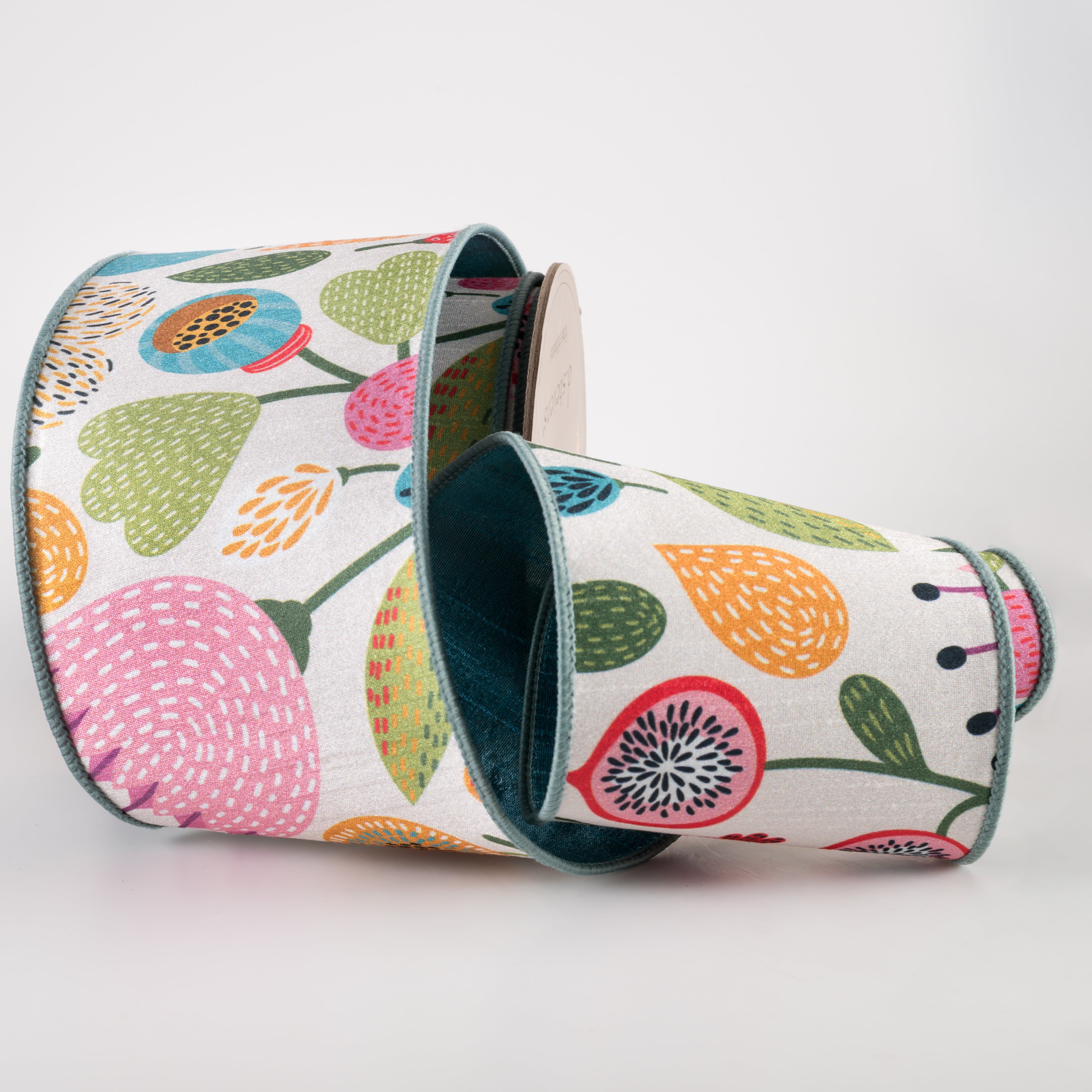 [D Stevens] 4" Dupioni Large Abstract Floral Ribbon: Blue & Pink (10 Yards) detail photo 3