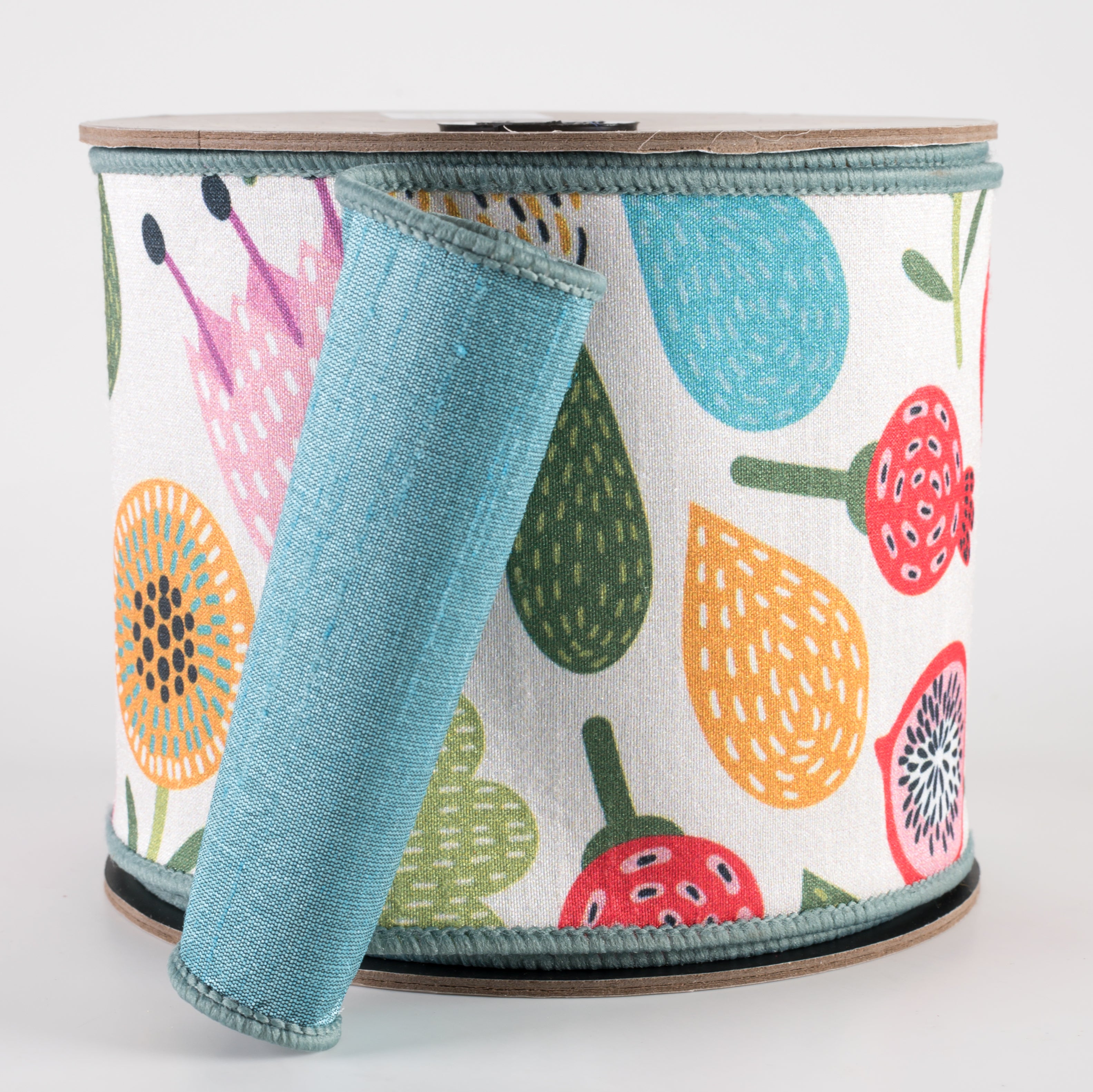 [D Stevens] 4" Dupioni Large Abstract Floral Ribbon: Blue & Pink (10 Yards) Item Number: 05-1016