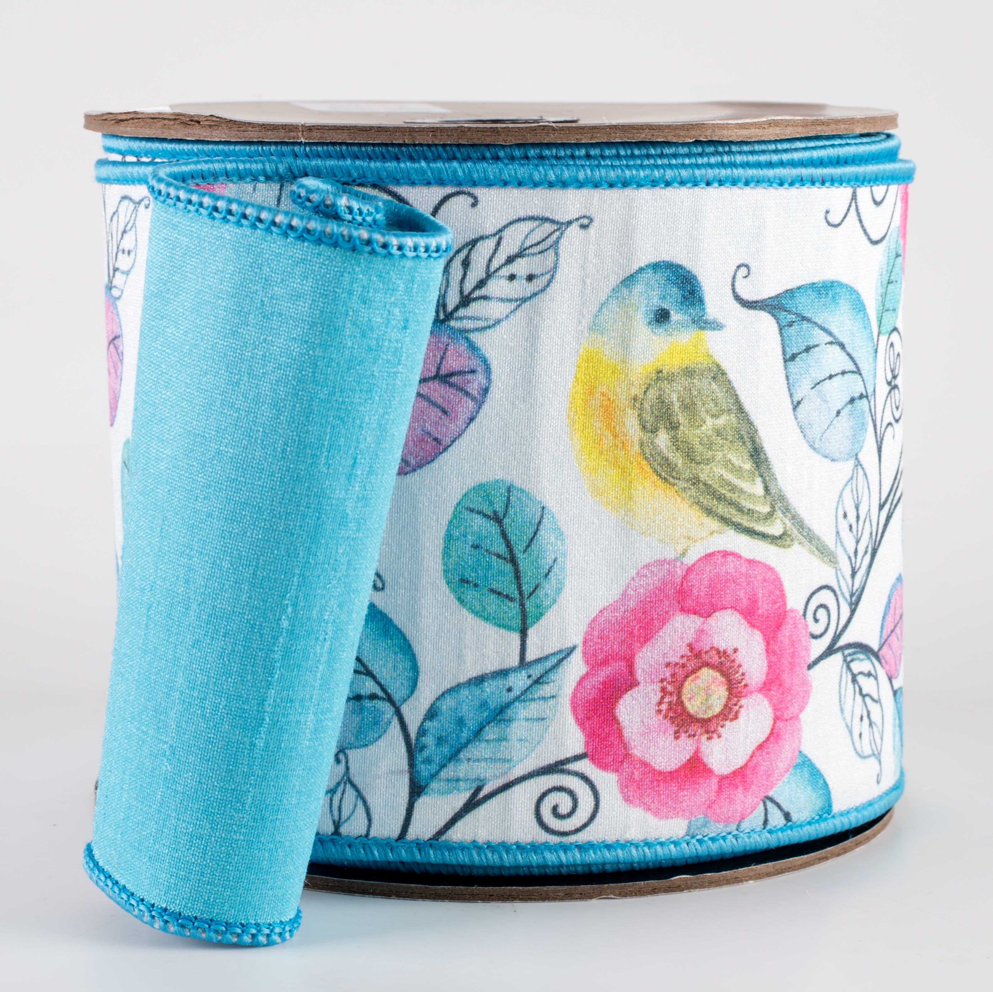 [D Stevens] 4" Dupioni Spring Floral & Birds Ribbon: Pink & Blue (10 Yards) Item Number: 05-1039