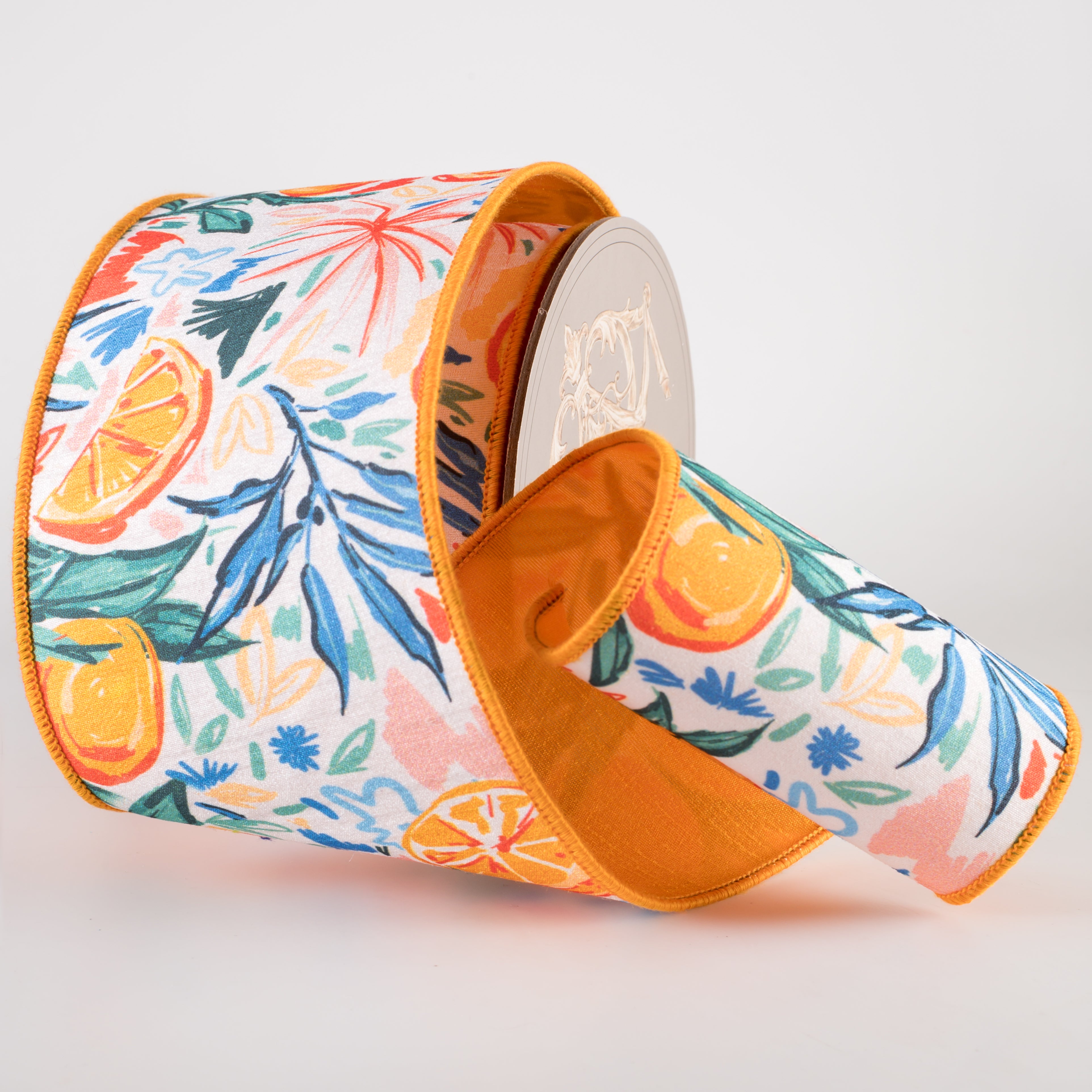 [D Stevens] 4" Dupioni Watercolor Abstract Oranges Ribbon: Orange & Blue (10 Yards) Lifestyle Photo