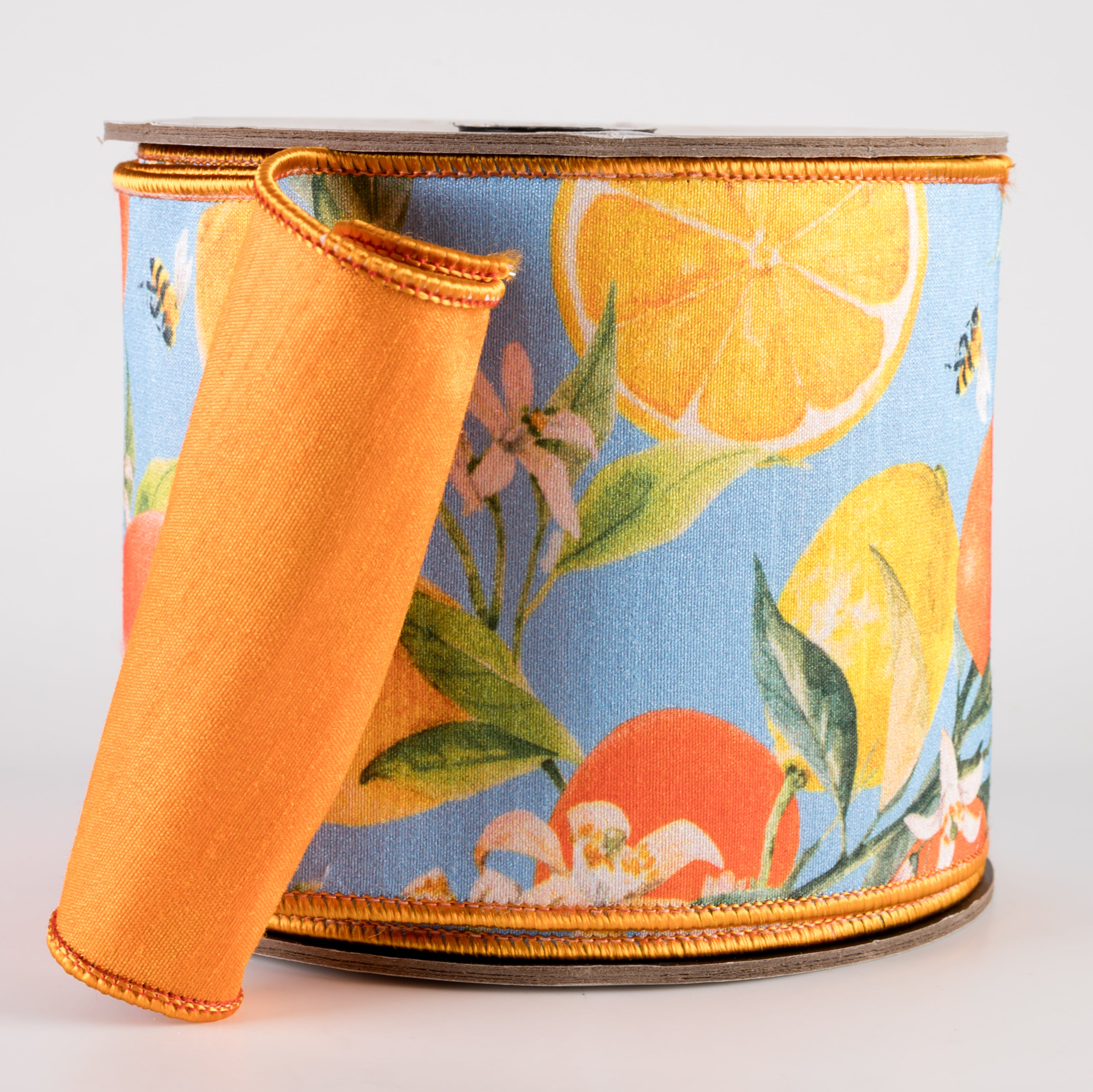 [D Stevens] 4" Dupioni Watercolor Citrus & Blossoms Ribbon: Blue & Orange (10 Yards) Item Number: 05-1013