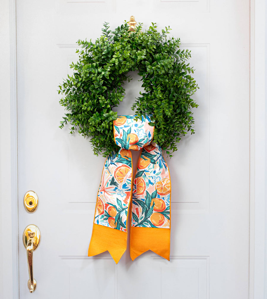 [D Stevens] 6" Dupioni Watercolor Citrus Oranges Wreath Sash Lifestyle Photo