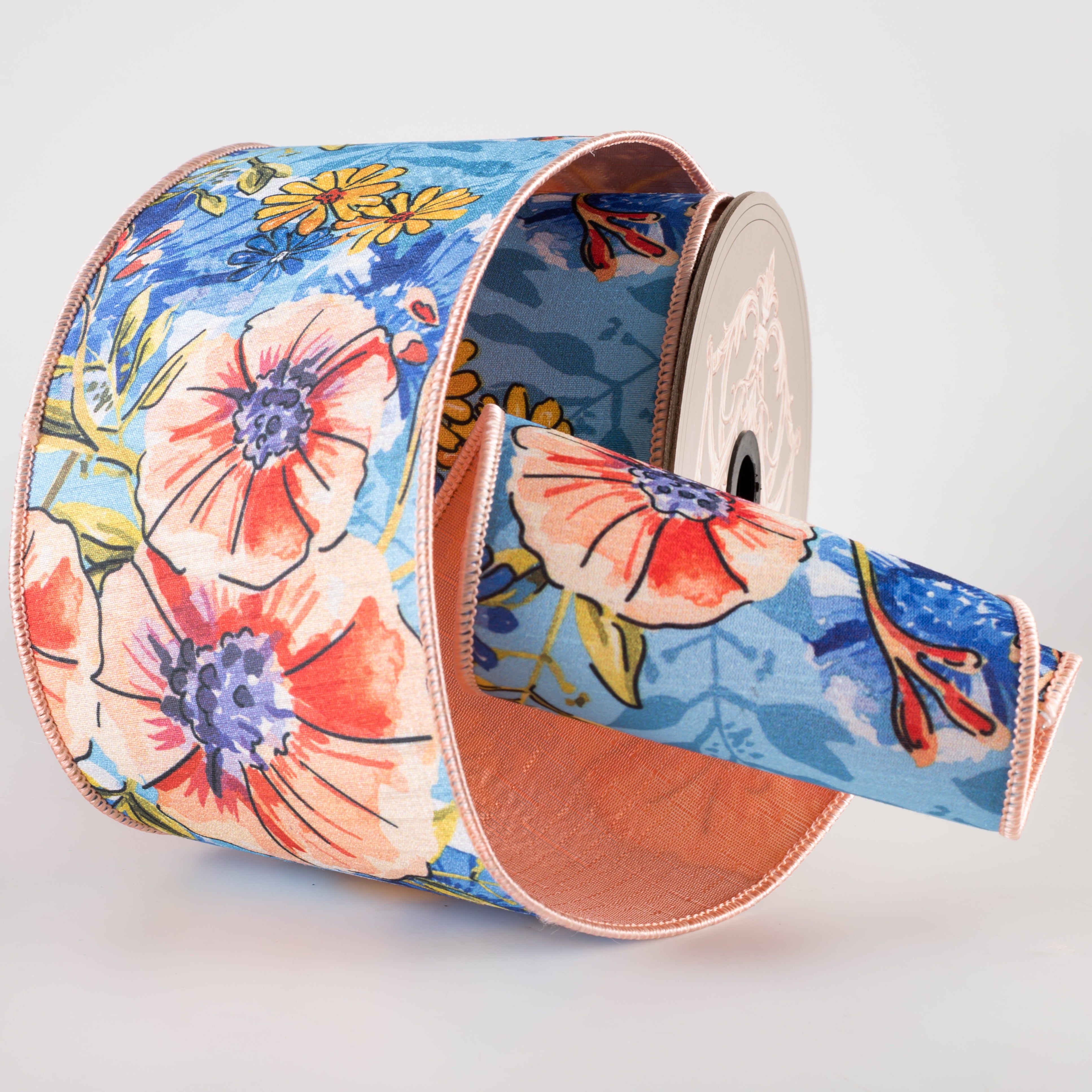[D Stevens] 4" Dupioni Watercolor Primrose Daisies Ribbon: Peach & Blue (10 Yards) Lifestyle Photo