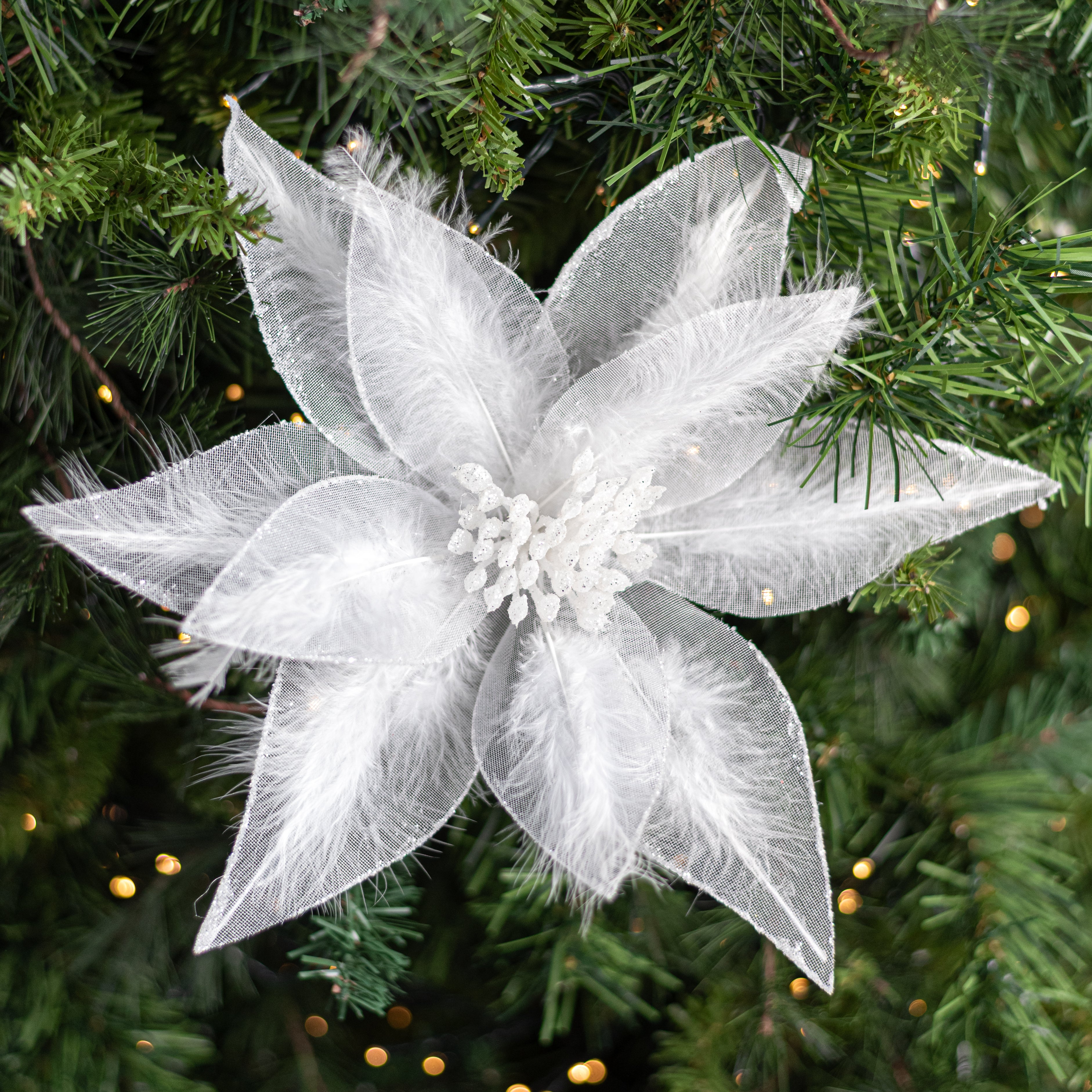 12" x 26" Feathered Tulle Poinsettia Stem: White