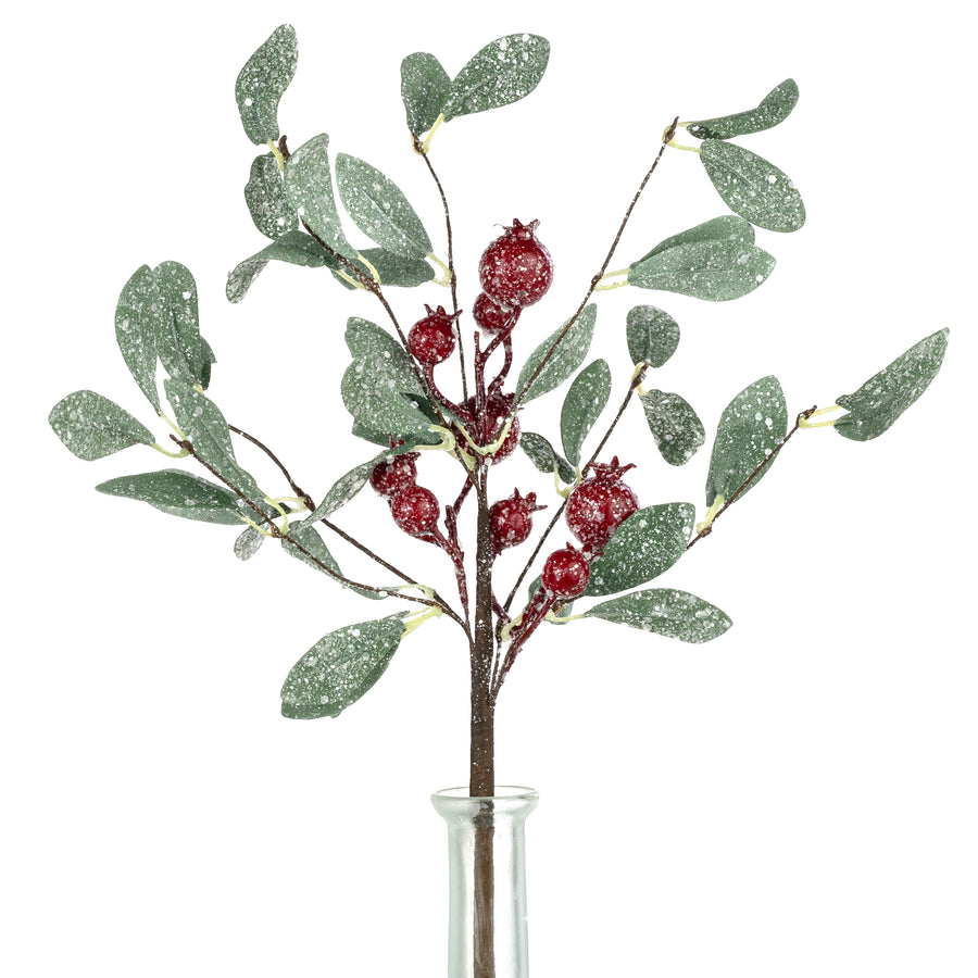14" Frosted Red Berry & Mistletoe Leaves Spray