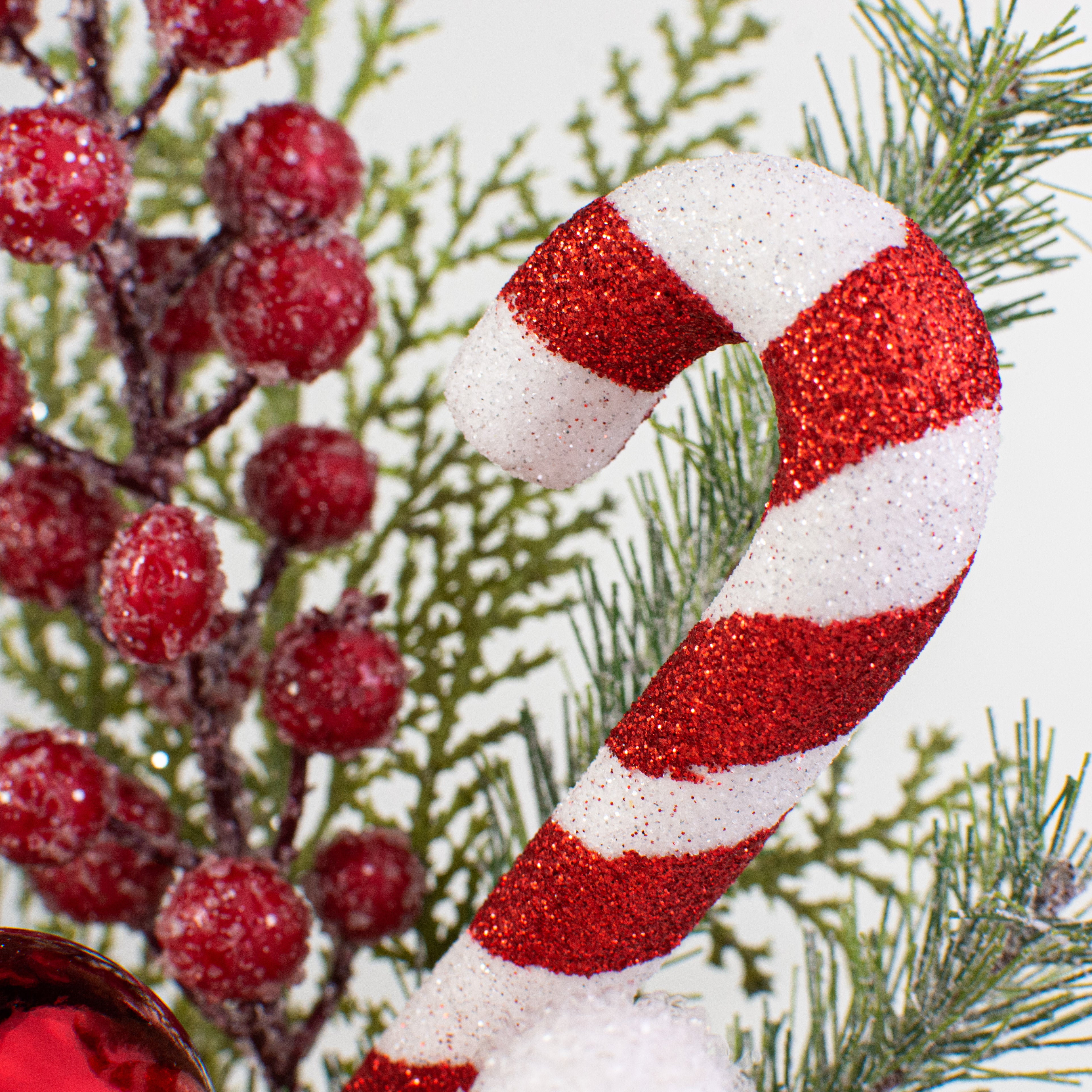 14" Pine, Berry, Candy Cane Pick