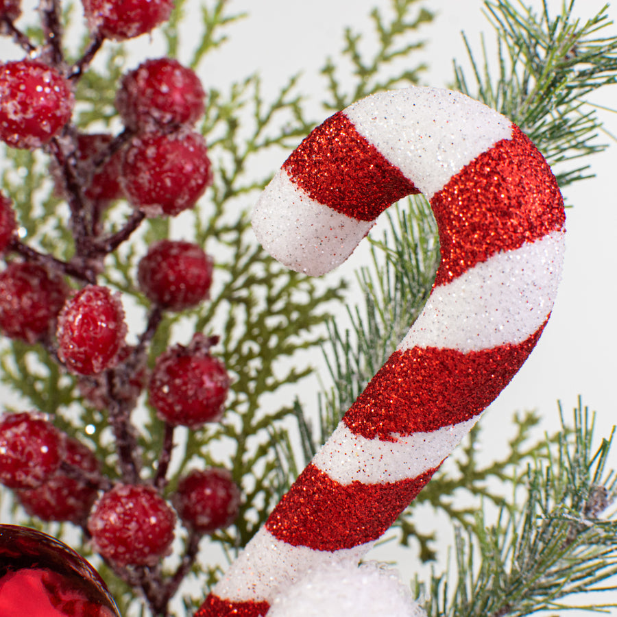 14" Pine, Berry, Candy Cane Pick