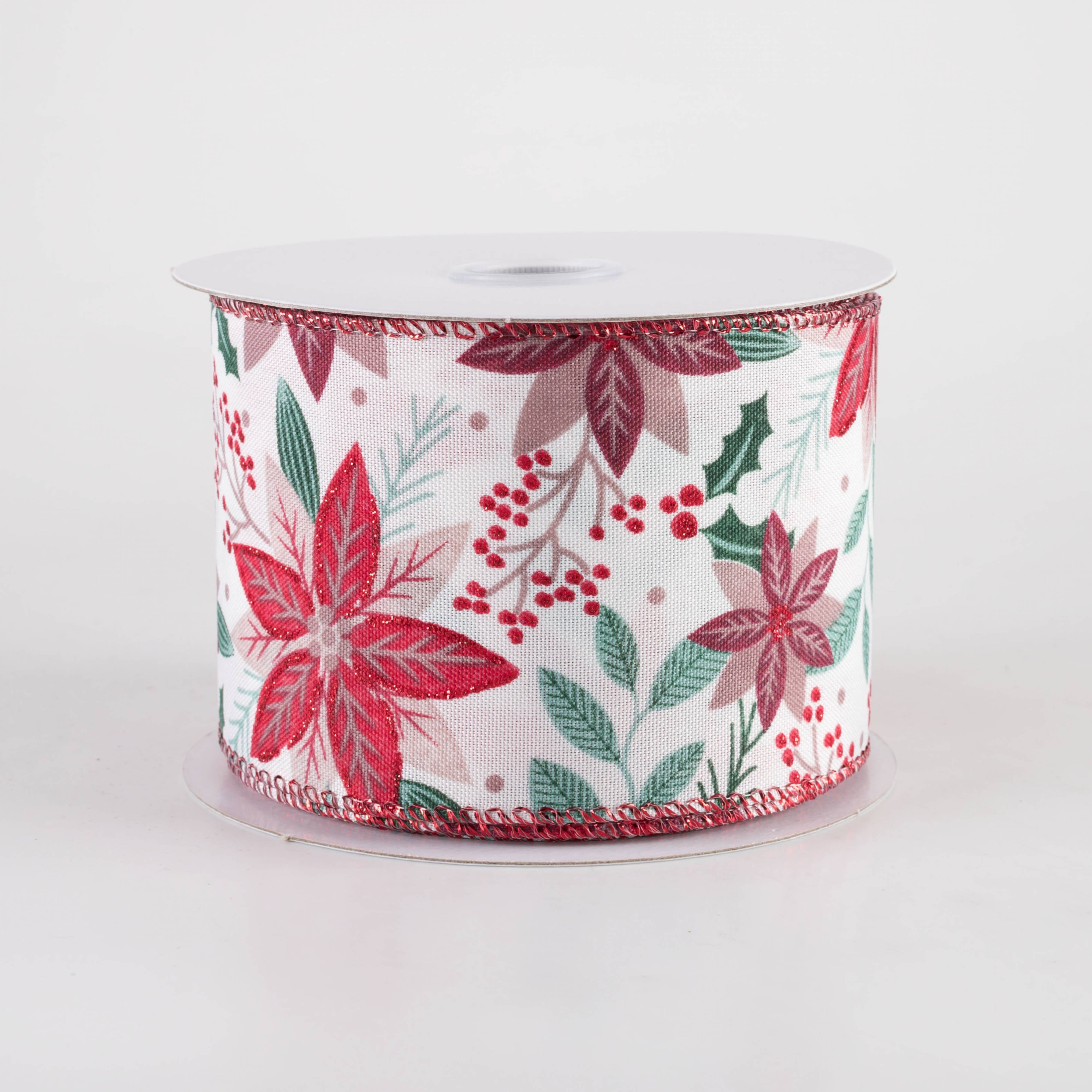 2.5" Holiday Poinsettia Ribbon: Reds on White (10 Yards)