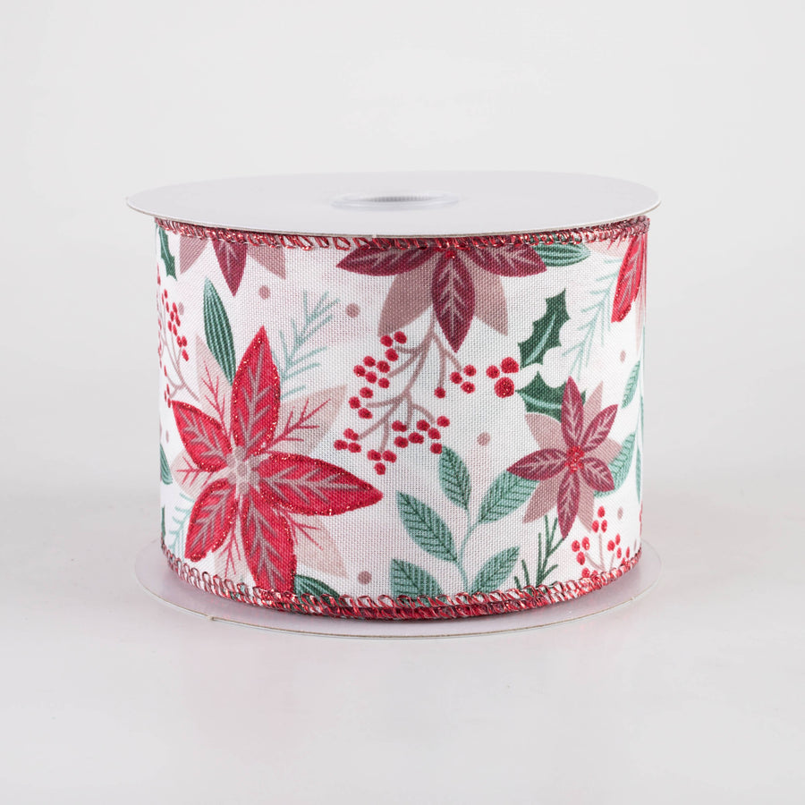 2.5" Holiday Poinsettia Ribbon: Reds on White (10 Yards)
