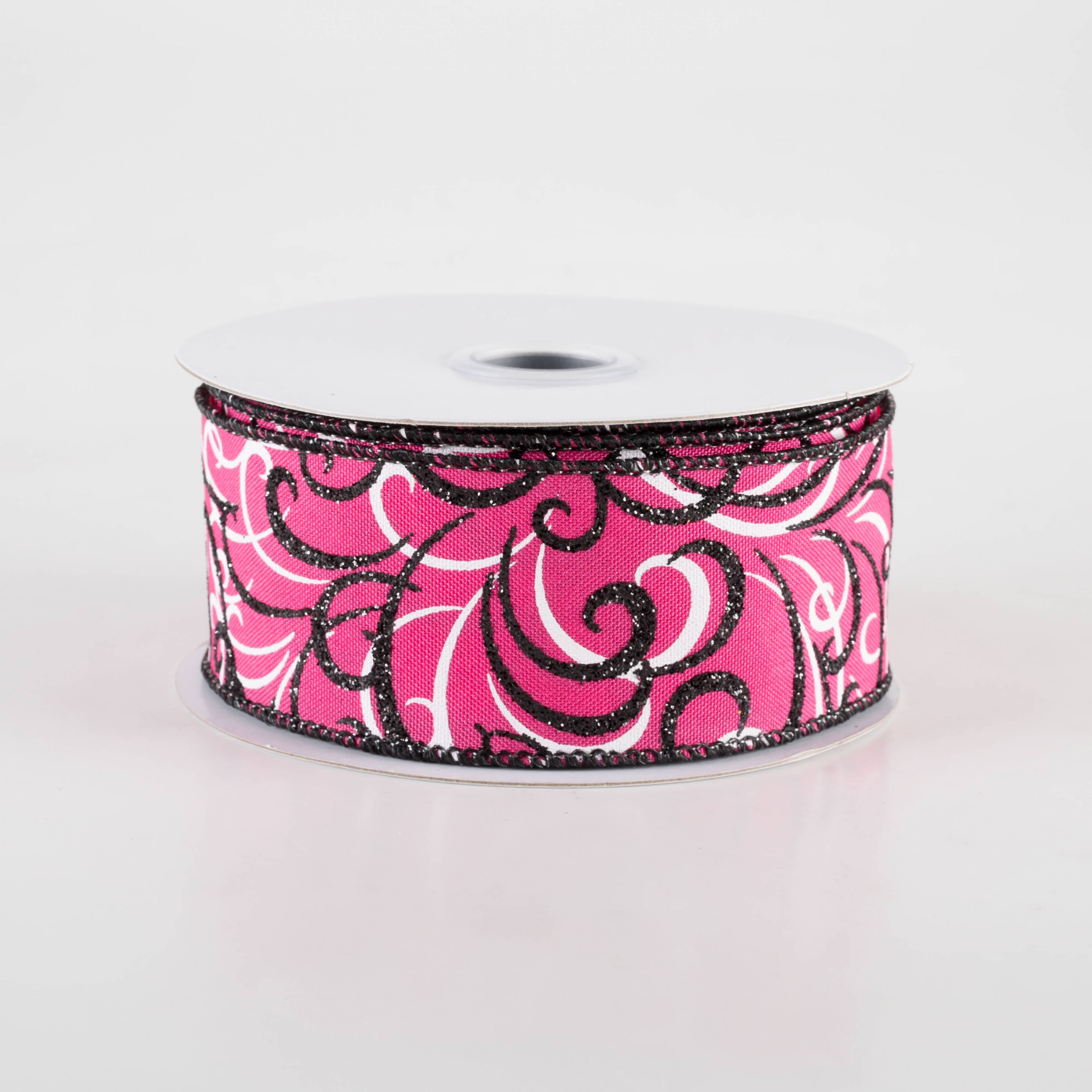 1.5" Glittered Multi Swirls Ribbon: Black & White on Hot Pink (10 Yards)