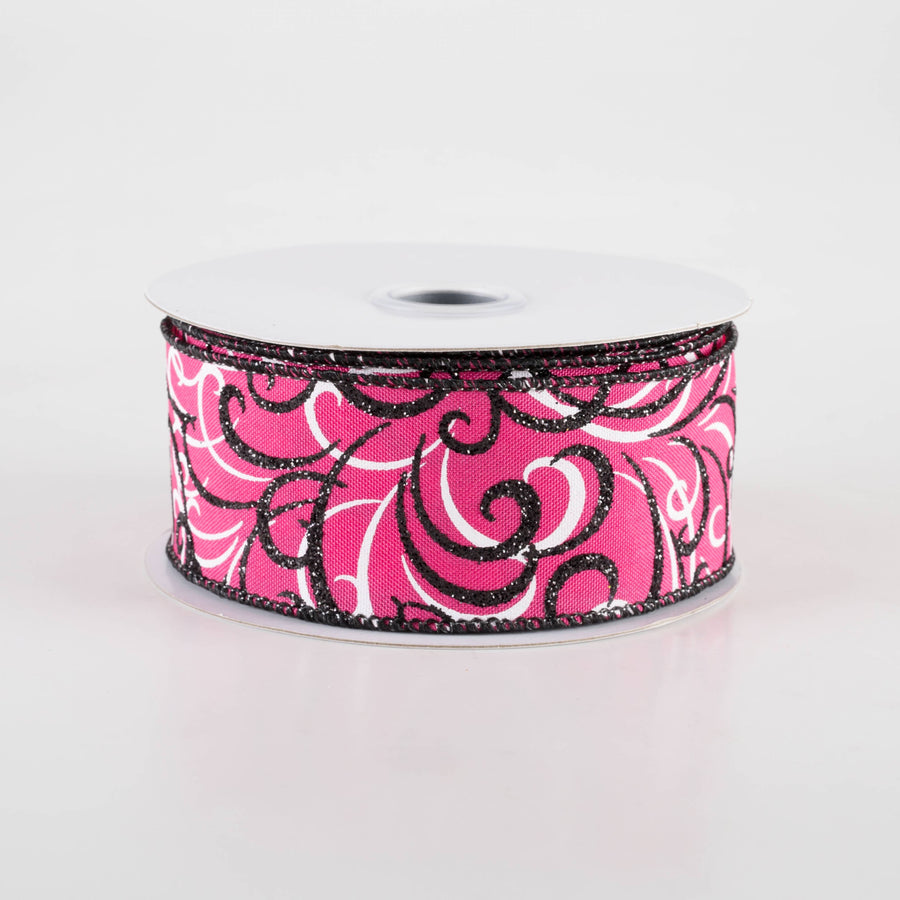 1.5" Glittered Multi Swirls Ribbon: Black & White on Hot Pink (10 Yards)